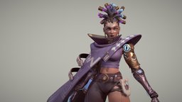 Robotic Hand Lady - Stylized Character hair, sculpt, robotic, clothes, coat, shoes, metal, woman, glow, prosthetic, emissive, braids, scifi-character, girl, gold, noai