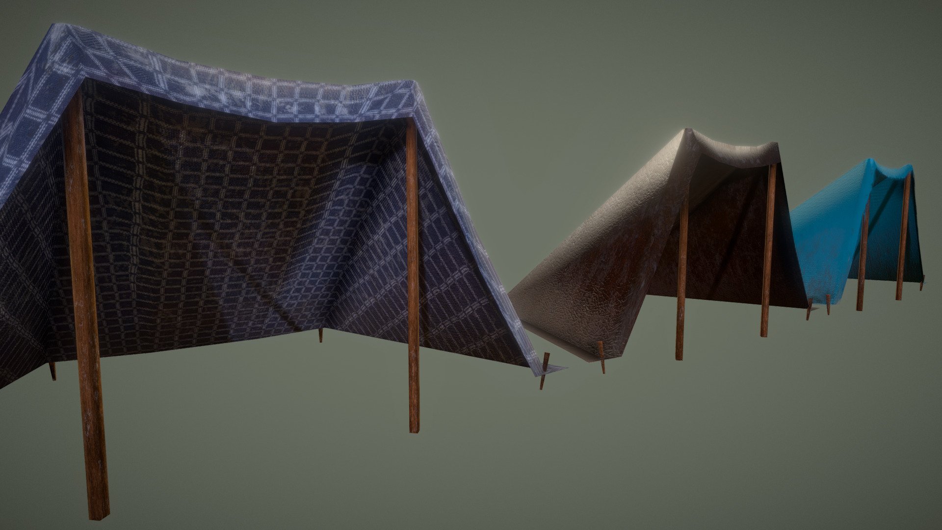 Here are some basic tents for merchants or shade-seeking NPCs to occupy in a game. I've made two fabric types and one leather type.