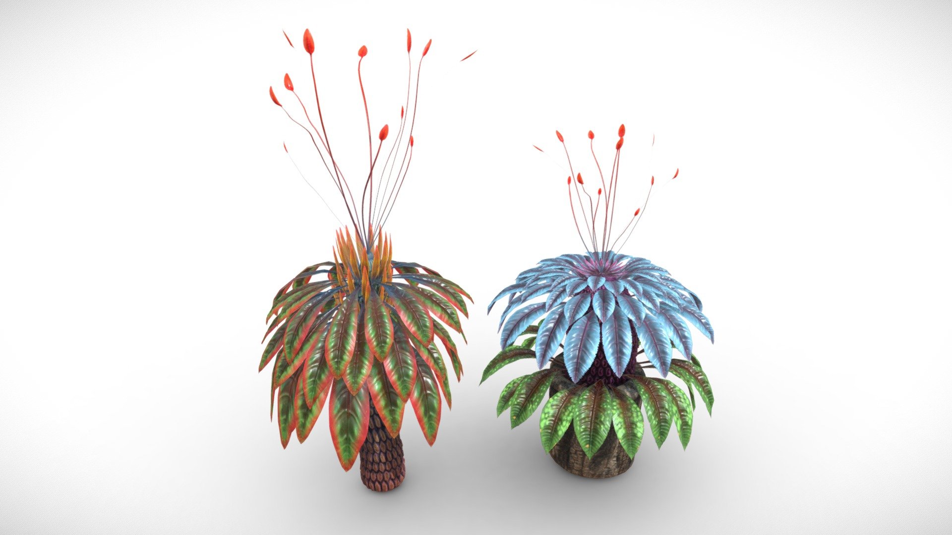 These meshes contain 2 UV Maps with 4096x4096 textures, and are optimized for videogames.
The leaf meshes have been cut around transparency to reduce overdraw of the opacity channel.

Textures are the following:
- Diffuse
- Roughness
- Normal Map
- Opacity
- Glow

Seperate FBX Files are included upon purchase