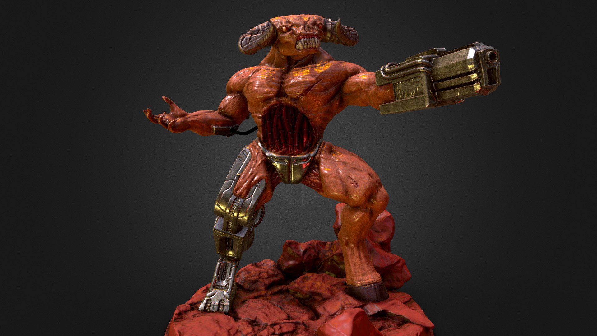 This is my sculpture of a modern interpretation of the Cyberdemon boss from the classic Doom. 
I used some old Doom concept drawings for reference and tried to addapt the sprite work into something more modern.
The original high resolution model was made for 3d printing, I added some color and used the high resolution meshes to make the normals in this.