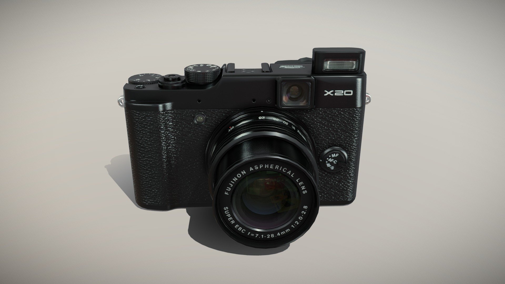•   Let me present to you high-quality low-poly 3D model Fujifilm FinePix X20 Black. Modeling was made with ortho-photos of real camera that is why all details of design are recreated most authentically.

•    This model consists of a few meshes, it is low-polygonal and it has only two materials (Body and Glass of Lens).

•   The total of the main textures is 5. Resolution of all textures is 4096 pixels square aspect ratio in .png format. Also there is original texture file .PSD format in separate archive.

•   Polygon count of the model is – 7567.

•   The model has correct dimensions in real-world scale. All parts grouped and named correctly.

•   To use the model in other 3D programs there are scenes saved in formats .fbx, .obj, .DAE, .max (2010 version).

Note: If you see some artifacts on the textures, it means compression works in the Viewer. We recommend setting HD quality for textures. But anyway, original textures have no artifacts.