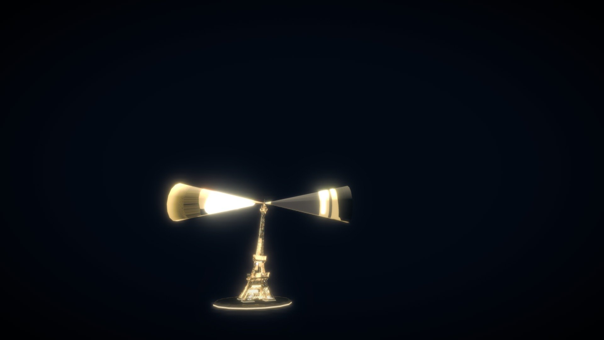 A cartoony Eiffel tower at night.