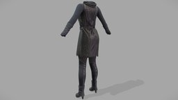 Female Apocalyptic Dystopian Urban Sci-Fi Outfit neck, steampunk, leather, agent, warrior, apocalyptic, front, fashion, medieval, urban, jacket, clothes, closed, mid, coat, shoes, boots, heels, costume, outfit, cowl, wear, fictional, calf, gloves, ambassador, fingerless, leggings, character, pbr, sci-fi, female, fantasy, black, dsytopian