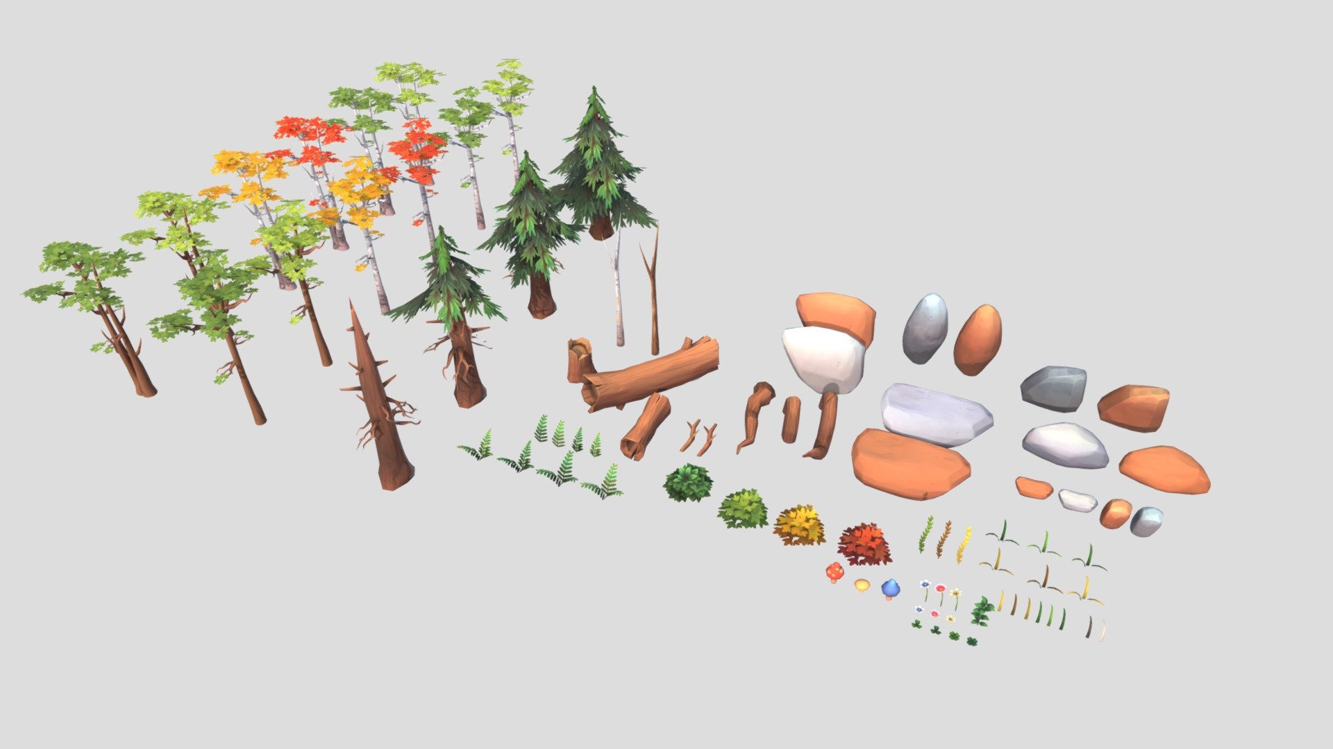 Handpainted forest package

In this pack you will find all the essentials to make a beautiful forest and more!

The pack contains :

-4 types of Firs
-2 types of leafy trees with 6 different colors each.
-1 dead tree with 2 différent colors each.
-1 giant wood log.
-1 wood log.
-1 branch with 2 différent colors.
-3 types of roots.
-5 types of rocks.
-2 types of stones.
-2 types of fern
-1 bush with 4 différents différent colors.
-1 grass with 3 différents colors.
-1 grass with 6 différents colors.
-1 grass with 6 différents colors + 2 greyscale color for the grass texture terrain tool.
-1 plant.
-2 types of flowers with 3 différents shapes and colors.
-1 types of clovers with 2 différents shapes and colors.
-3 types of mushrooms

To know:

-All textures are in 2048x2048
-Compatible with Unity terrain tool (trees, grass etc)
-Max triangles : 1060
-Less triangles: 8

Tips :

-Assets were designed to work better with games with a top-down view camera.(high angle shot)