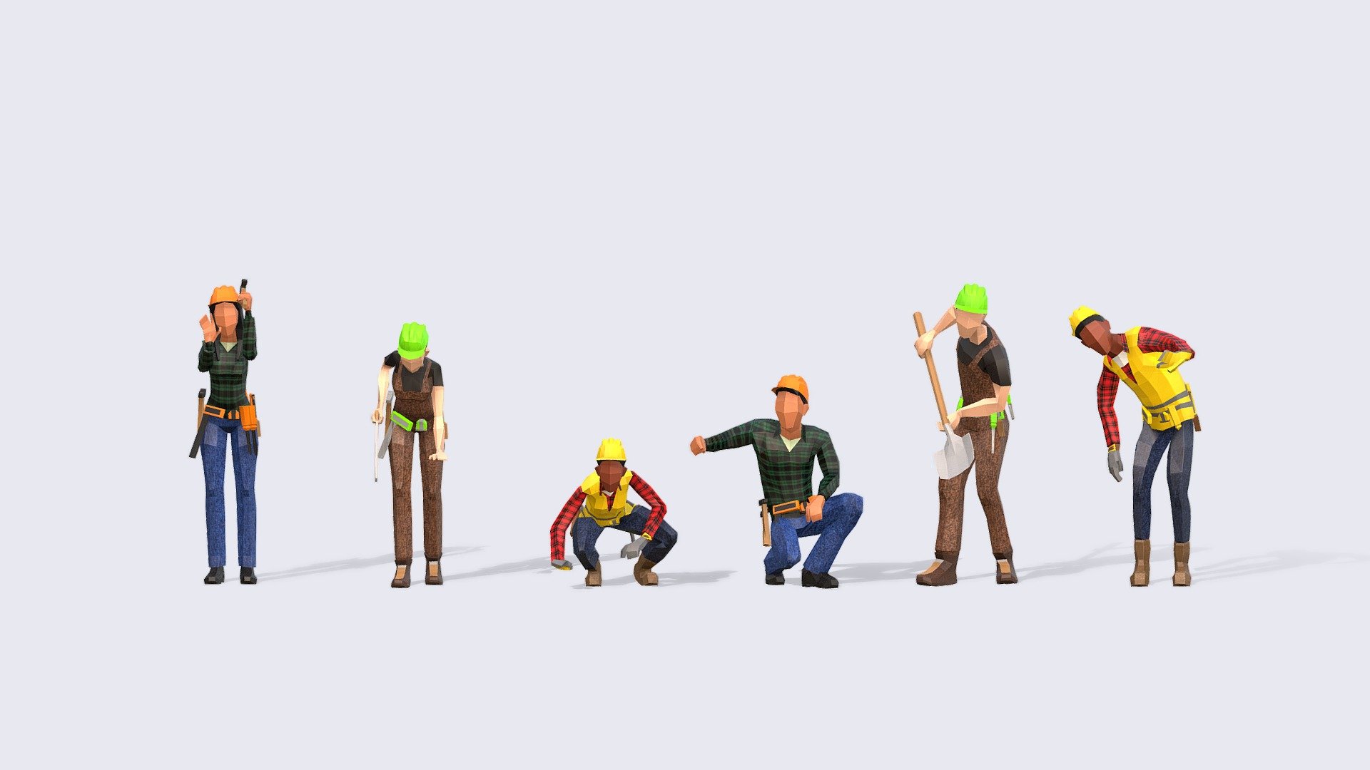 CONSTRUCTION LOW POLY PEOPLE
A super versatile pack of Low Poly People where all models interact. Plus all models can use the same or vary the 3 different textures.

INCLUDES:




Independent Rest Pose file FBX, perfect for Animating with mixamo or your chosen platform

Independent Animated FBX file that includes all 6 looping animations 100 frames

Full Pack Blender Native file with all characters together.

Textures created for the pack.


Give some unique style to your crowds with our collection of low poly people.
*3RD GENERATION of Animated Low-Poly People and it will be included in The Compilation