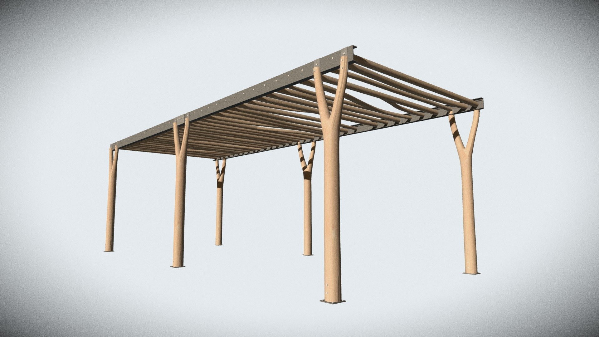 This modern pergola is designed and manufactured by WholeTrees. It is made out of small diameter round timbers consisting of naturally branched pieces. This easy-entry product is available through  WholeTrees Architecture and Structures.

Rendering by Project Designer, Candace Kao.