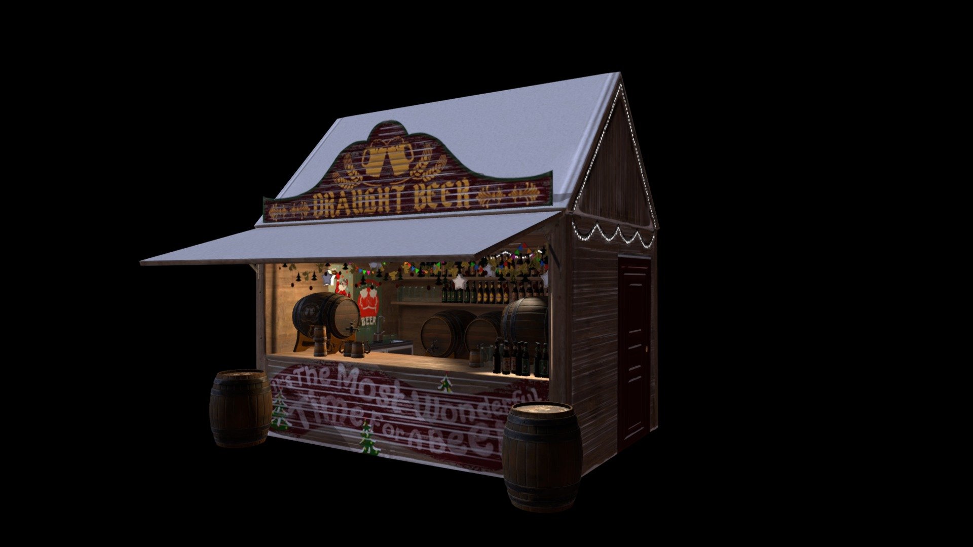 Christmas Market Beer Chalet- is one of the 6 Chalets of the asset. Almost all models have Diffuse, Normal, Gloss and Specular maps. Some models as chalet itself and Xmas lights have also Emission maps and transperency maps. All models are made in OBJ, FBX and 3dsMax formats. This models set will suit for Christmas projects and not only. Demo Video:https://www.youtube.com/watch?v=f-ZwfqrEijE