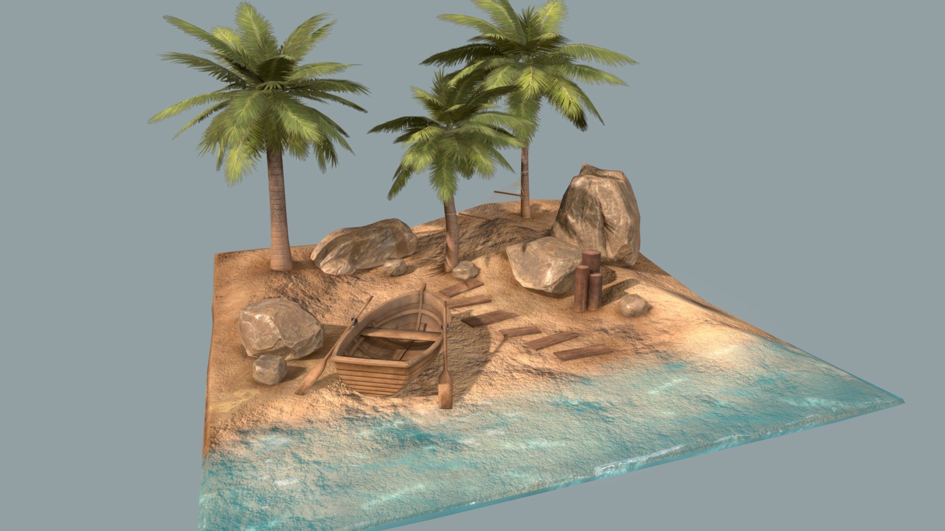 This was my summer project before starting second year at DMU Game Art, although due to some module mix up, I spent about 3 weeks revisiting it on and off. The brief was to make a 10m x 10m realistic-style castaway island, using substance painter to texture. I originally planned to do a pirate-themed island and made extra props, but realised that they just didn't work at all with the scene. Instead I've kept it very basic and natural. I don't think it's super realistic at all and if I had more time I would probably have devoted more of it to better texturing, but I think for a last-minute project it's not too bad ^^