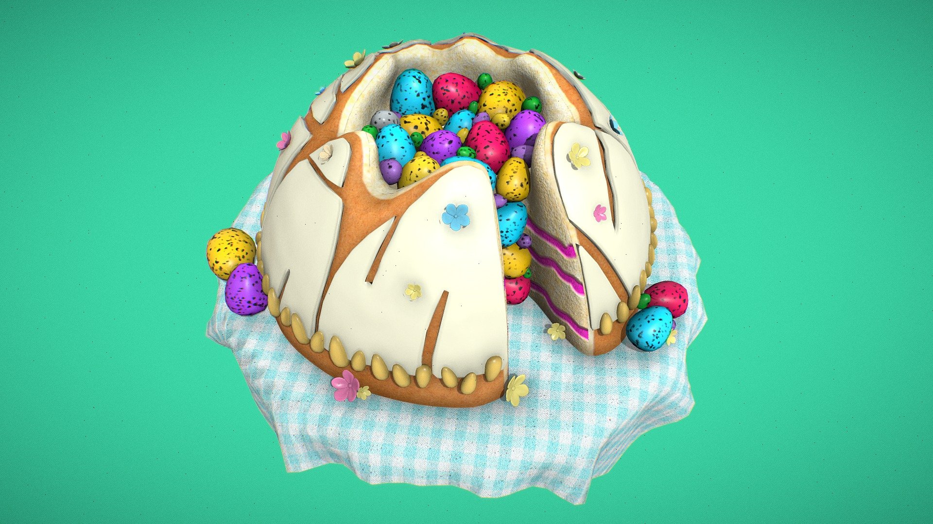Indulge in the festive spirit of Easter with our 3D creation which features a beautifully crafted cake adorned with colorful eggs peeking out from delicate crack on the cake.  Perfect as a centerpiece for your virtual Easter gatherings or as a delightful visual treat.