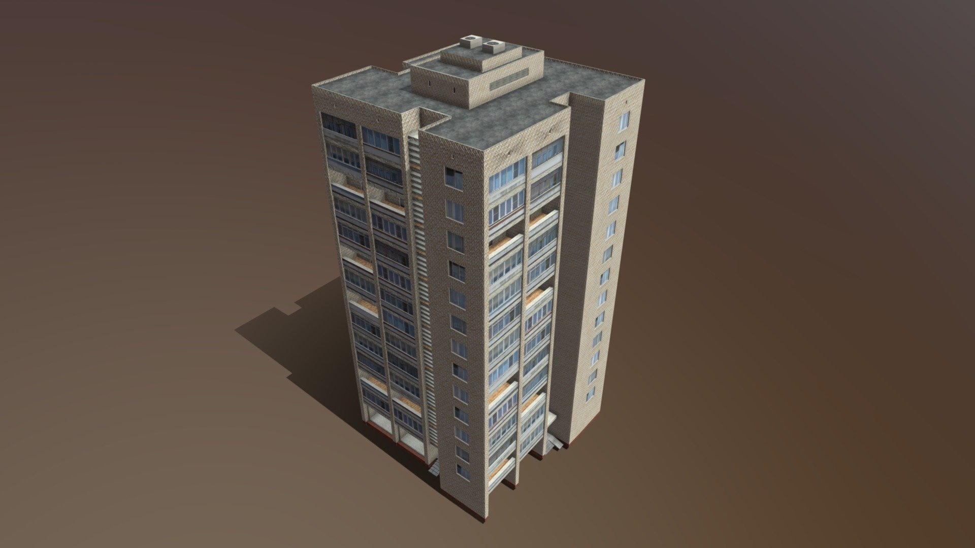 3D model of russian apartment brick building.

Low poly (game ready)

With specular nad normal maps textures.

Polygons 7214 

Verts 7642