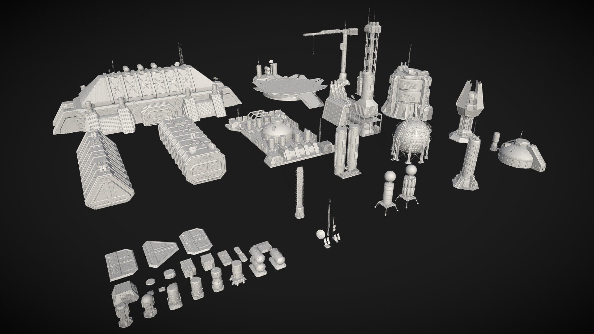 Various industrial sci fi objects (46 meshes)

relatively low poly

Models are not up to scale or precise

Polys: 263470

Vertices: 349161

clean geometry: polygons only

render setup not included in the file

materials : basic

uw mapped: NO

uw unwarped: NO

zip file (max2017, OBJ, blender, FBX)