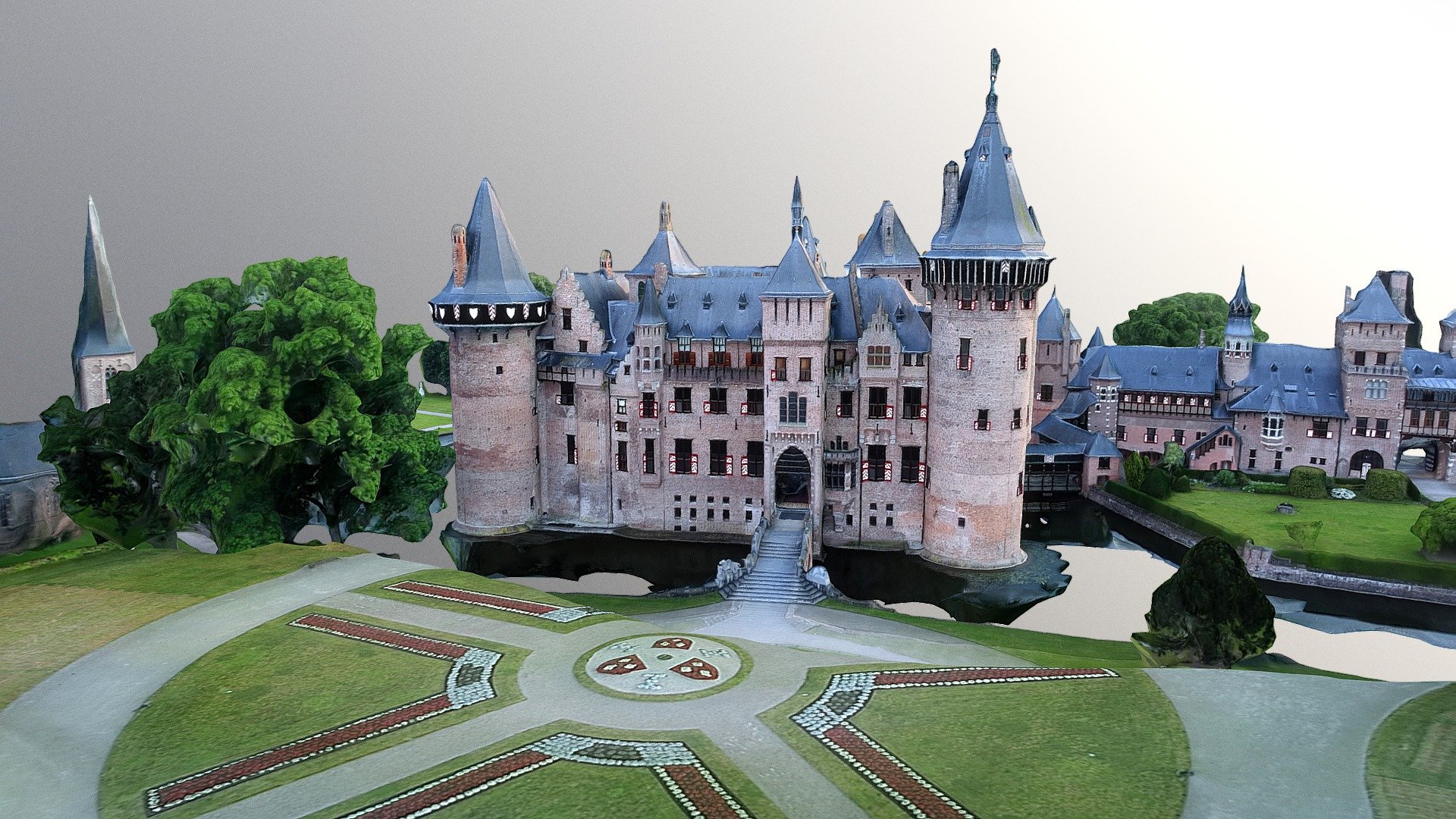 *De Haar Castle is located in Utrecht, Netherlands. It is the biggest castle in The Netherlands. The oldest historical record of a building at the location of the current castle dates to 1391. In that year, the De Haar family received the castle and the surrounding lands as a fiefdom from Hendrik van Woerden. The castle remained in the ownership of the De Haar family until 1440, when the last male heir died childless. The castle then passed to the Van Zuylen family. *
https://en.wikipedia.org/wiki/De_Haar_Castle

Experimental, reconstructed from various 4K drone footage only