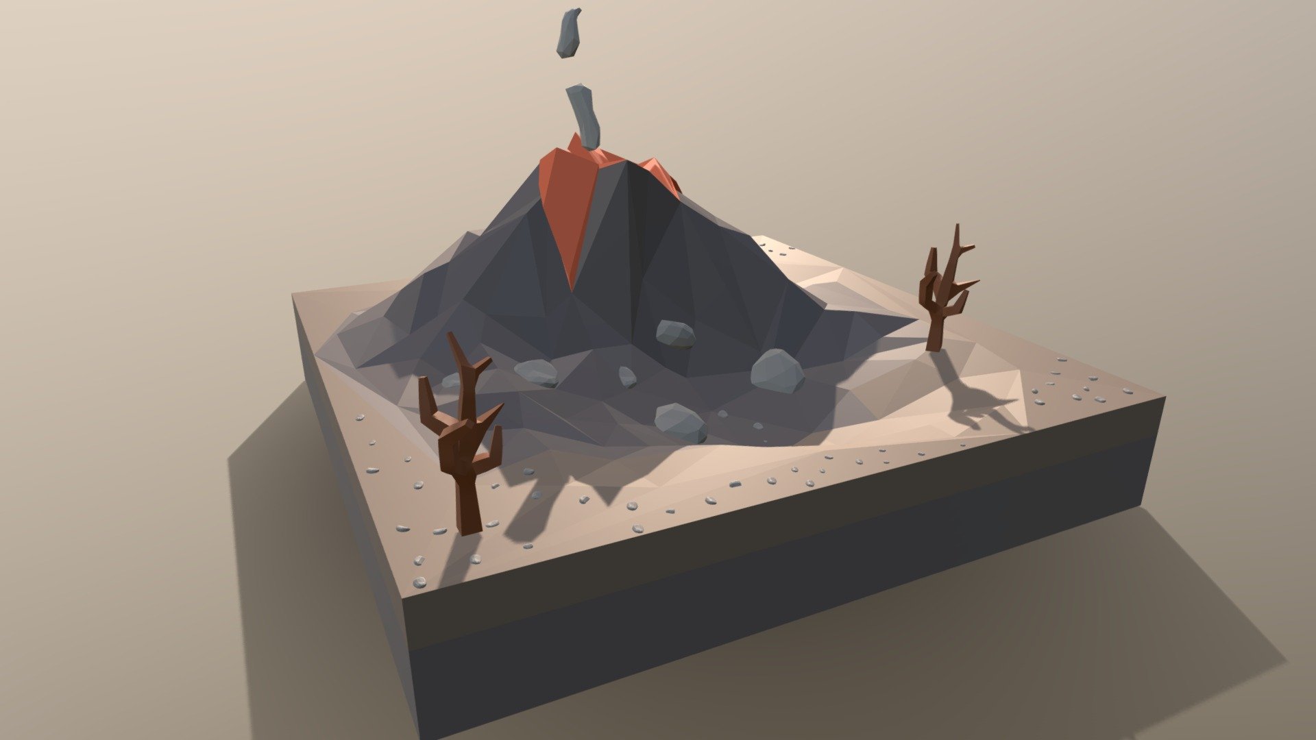 This is a low poly 3d model of a volcano scen. The low poly volcano was modeled and prepared for low-poly style renderings, background, general CG visualization.

The 3d vocano model is presented as a 4 meshes with quads/tris.

Meshes : Volcano Smoke Trees Rocks

Verts : 3.312 Faces: 5.867

Simple diffuse colors.

No ring, maps and no UVW mapping is available.

The original file was created in blender. You will receive a 3DS, OBJ, FBX, blend, DAE, Stl.

All preview images were rendered with Blender Cycles. Product is ready to render out-of-the-box. Please note that the lights, cameras, and background is only included in the .blend file. The model is clean and alone in the other provided files, centered at origin and has real-world scale