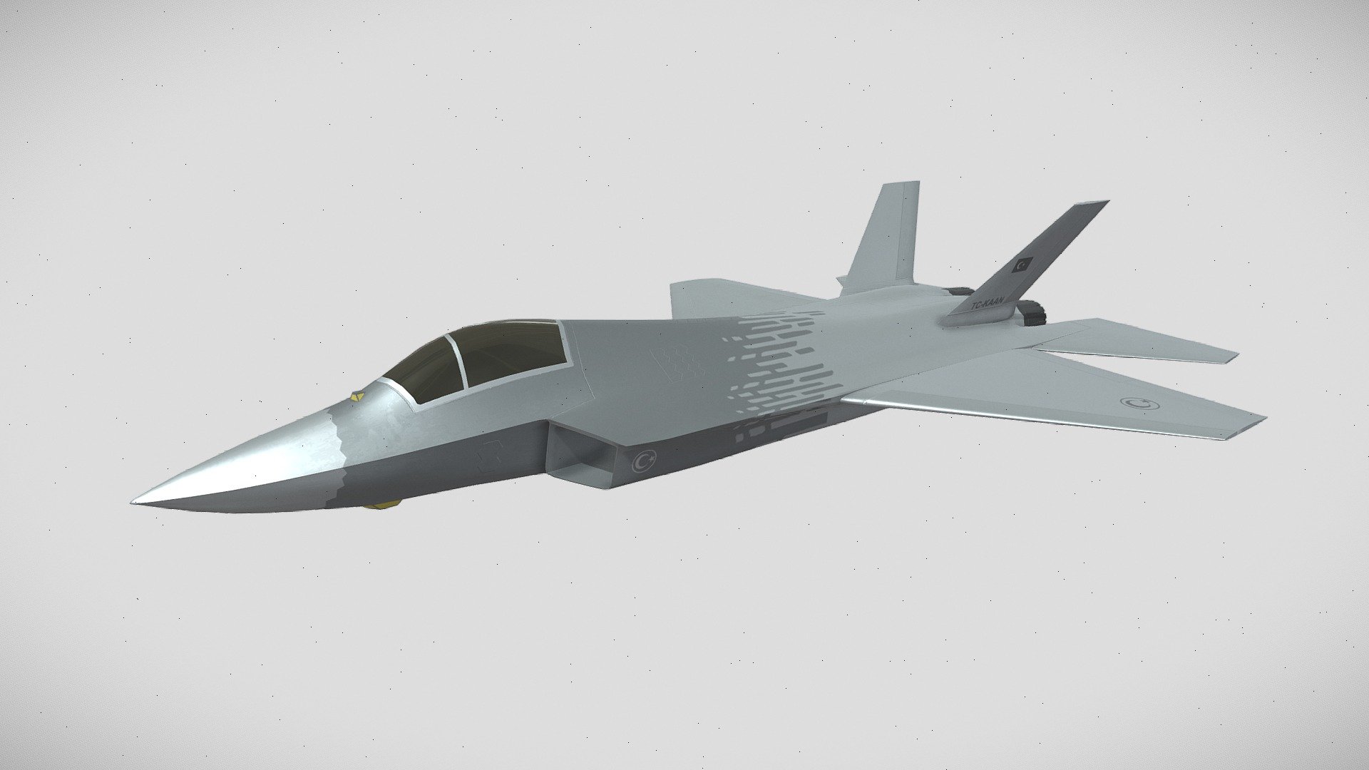 The Turkish Aerospace KAAN, also known as TF-X, MMU(Milli Muharip Uçak), is a fifth-generation stealth twin-engine all-weather air superiority fighter in development by Turkish Aerospace (TA) and BAE Systems as its sub-contractor. The aircraft is planned to replace F-16 Fighting Falcons of the Turkish Air Force and to be exported to foreign nations.

I made this model by using Blender and Substance Painter. I’ll continue to improve the model.

For more: https://cemgurbuz.com/kaan

Previous Version: https://skfb.ly/oKPnL