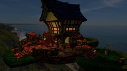 Poor Tailorshop (simple scene) project, medieval, market, mushrooms, tailor, patch, marketstall, hedge, plinth, lowpoly, house, shop, pumpkin, simple
