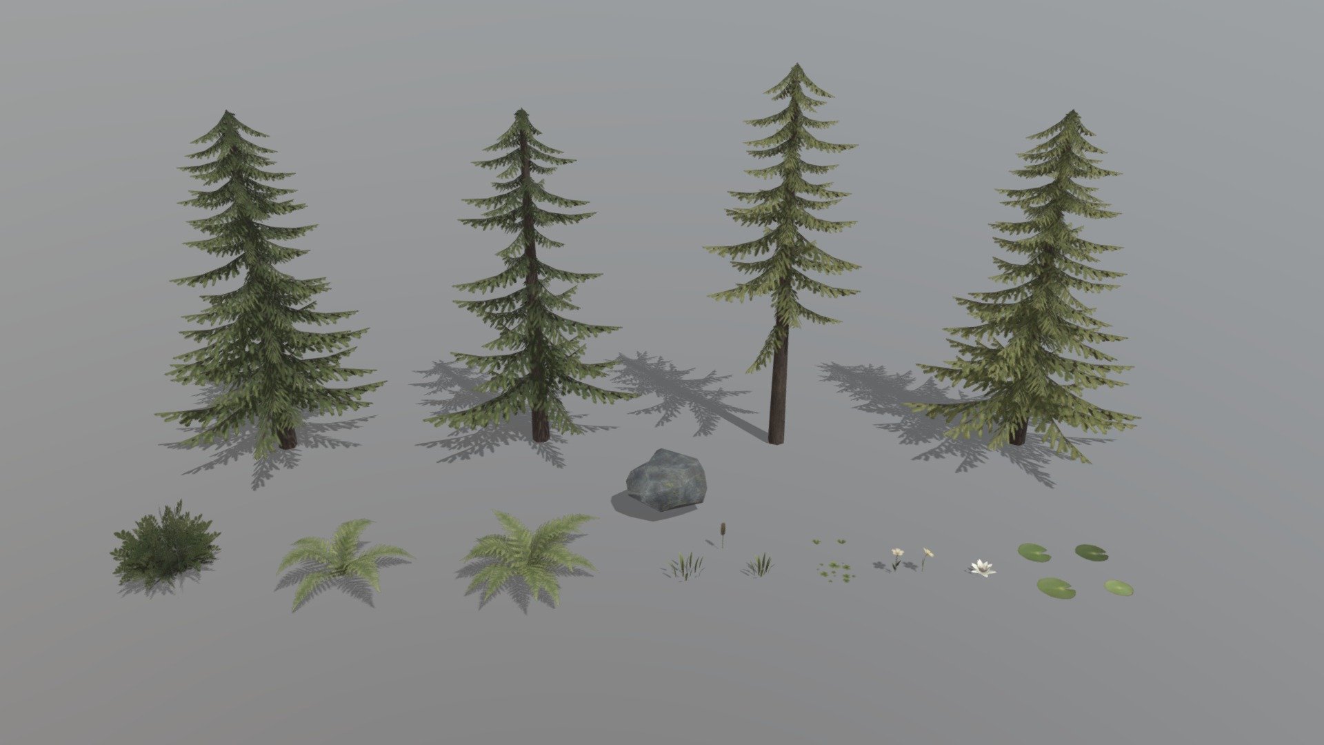 A low poly foliage pack in a semi realistic art style.
The models were made in Blender, textured in Substance 3D Painter and rendered in Sketchfab.

Set including:
Pinetrees, Stone, Bush, Fern, Grass, Clover, Lilypads, Lily flower

File in .fbx with 1 materials consisting of: 




Base Color

Roughness

Normal

Opacity (Alpha)

See how I use them in my portfolio on Artstation:
https://emmy_l.artstation.com/