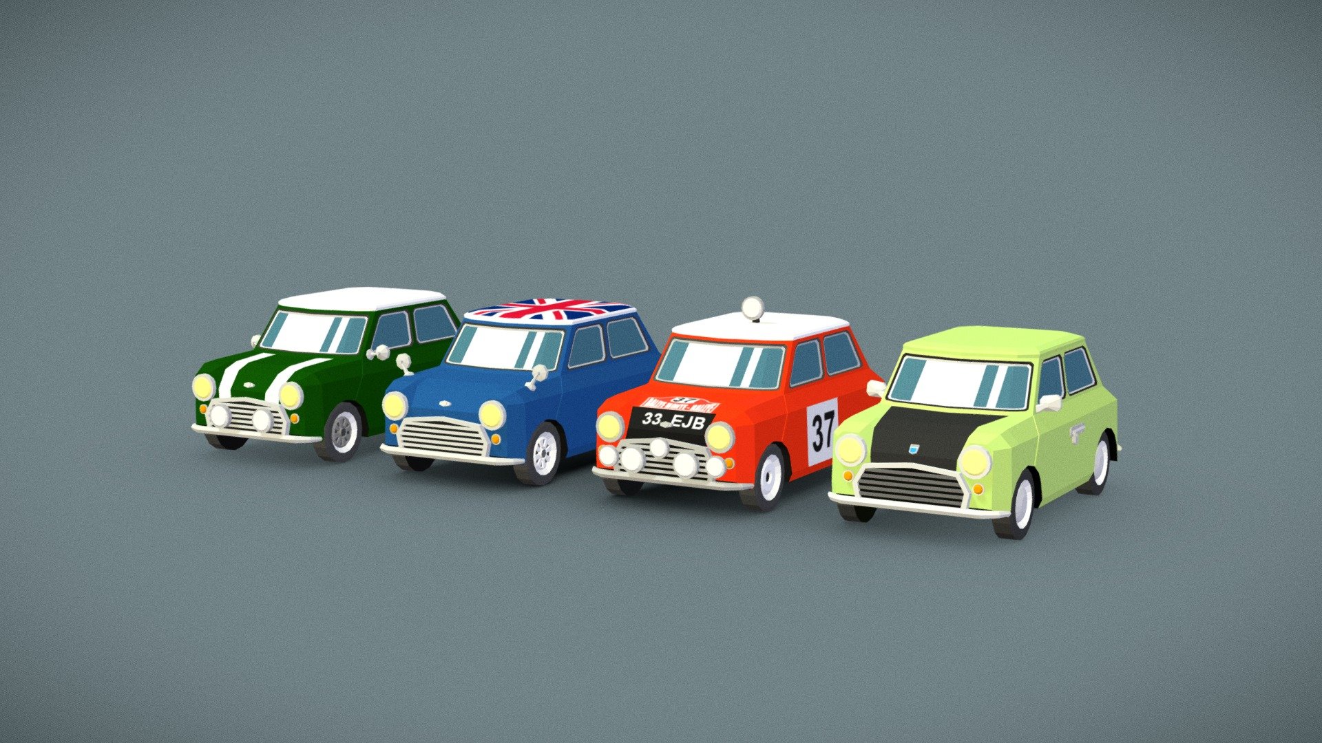 A pack of low poly small classic cartoon cars from around 1960s or 1970s.

There are 4 cars in the pack:
1. Dark green with white stripes
2. Dark blue with a flag colored roof
3. Red Rally car with additional lights
4. Light green with a black engine hood




The models are flat shaded low poly colored with a texture.

Can be easily recolored.

Optimized for mobile games.

The pack includes all four cars in one file as well as additional 4 files with individual cars per file.