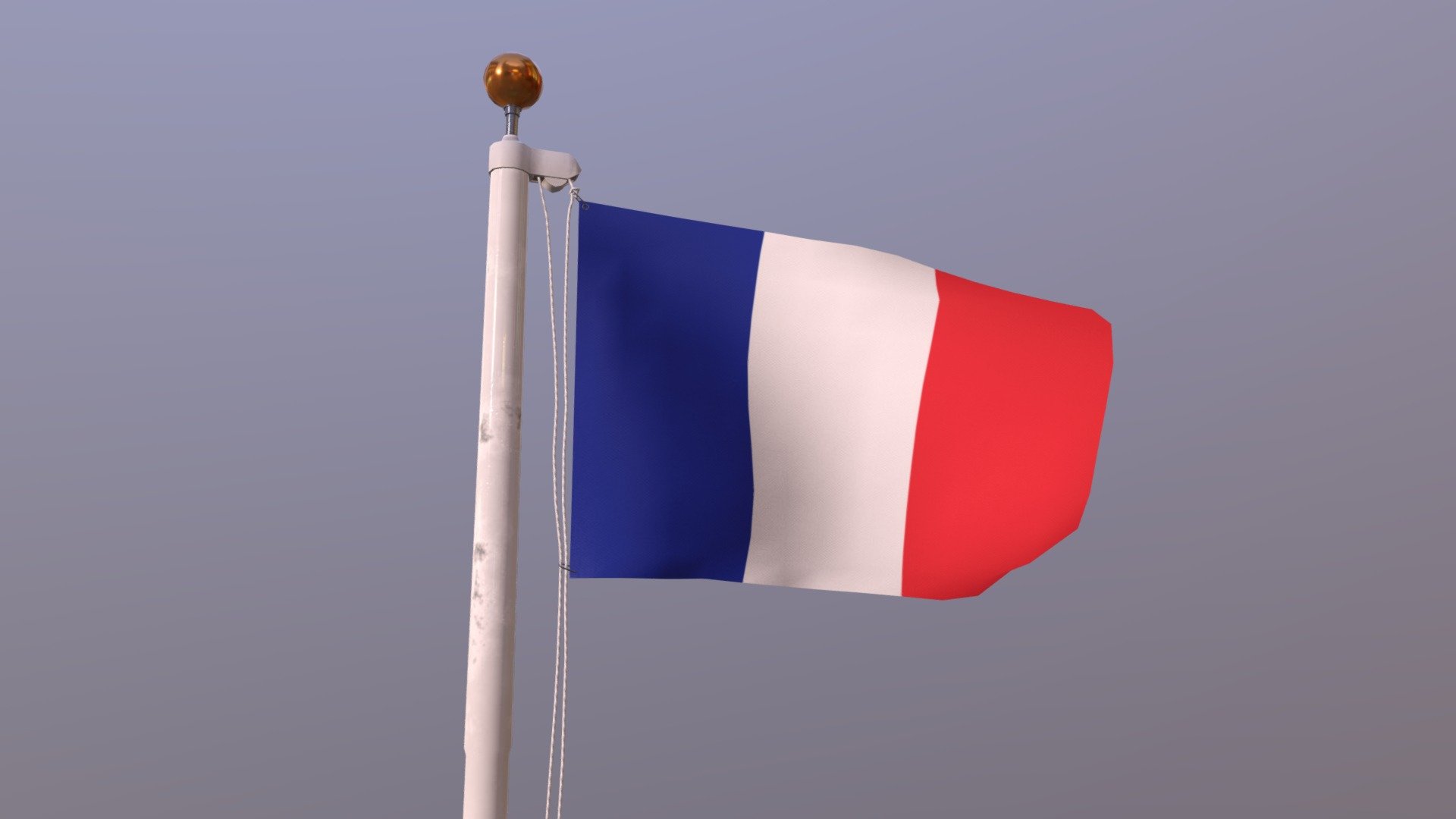 Flag of France (waving in the wind) | Drapeau de la France (agitant au vent)

A low poly 3D model of an animated and rigged flag. The low poly flag was modeled and prepared for low-poly style renderings, general visualization, background.

UV Layout maps and Image Textures resolutions: 1024x1024 px; PBR Textures created and baked (SimpleBake) in Blender and included diffuse, roughness, metalness and normal maps. 
The entourage is separate object, 2D girl for visual scale (175 cm) plus terrain, and have simple material with colors and it's just for presentation.

The animation has 190 frames.

Details:

real world dimensions




Flag cloth size

-length: 140 cm
-width: 90 cm




Flagpole size

-diameter: 10 cm
-height: 680 cm

v.7