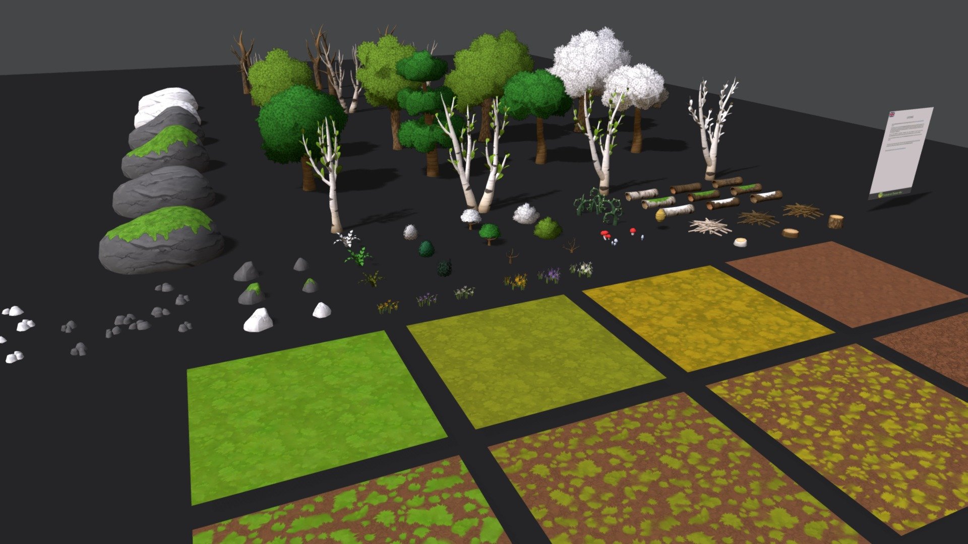 This package allows you to build different forests.



OPTIMIZED PC (LOD for all assets)

COLOR CUSTOMIZATION: White textures allow you to apply the color you want if your shaders allow it or from Photoshop.

See the trailer realized with Unity here


Textures



17 Atlases of textures

8 Tileable textures


Package contains 59 meshes
PROPS




1 Hive, 3 Pile of branches (beech, birch, oak), 3 TreeStump (beech, birch, oak), 3 TreeTrunk (beech, birch, oak), 3 TreeTrunk_Moss (beech, birch, oak).

ROCKS




RockBig_A and RockBig_B, RockBig_A_Moss and RockBig_B_Moss, RockLittle_A , RockLittle_A_Moss, RockLittle_B, RockLittle_B_Moss, RockLittle_C, RockLittle_C_GRP

TREES




3 Beeches, 3 Birches, 3 Oaks, 3 Dead Beeches, 3 Dead Birches, 3 Dead Oaks.

VEGETATION




2 Brambles, 3 bushes, 3 Dead Bushes, 1 Fern, 1 Dead Fern, 6 groups of flowers, 4 Mushrooms

License included in texture  for clarity