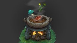 Handpainted BotW Cooking Pot food, fanart, mushroom, soldier, meat, fire, cooking, stew, campfire, botw, handpainted, blender3d, gameart, zelda