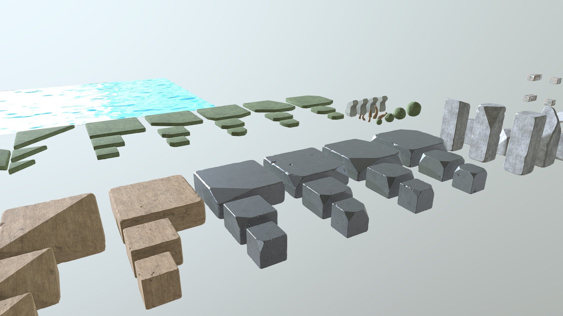 This asset pack contains various blocks and objects that are constrained to a grid, allowing for easy modular construction of game levels.

For an example of what can be achieved with these assets, check out this scene I made.

