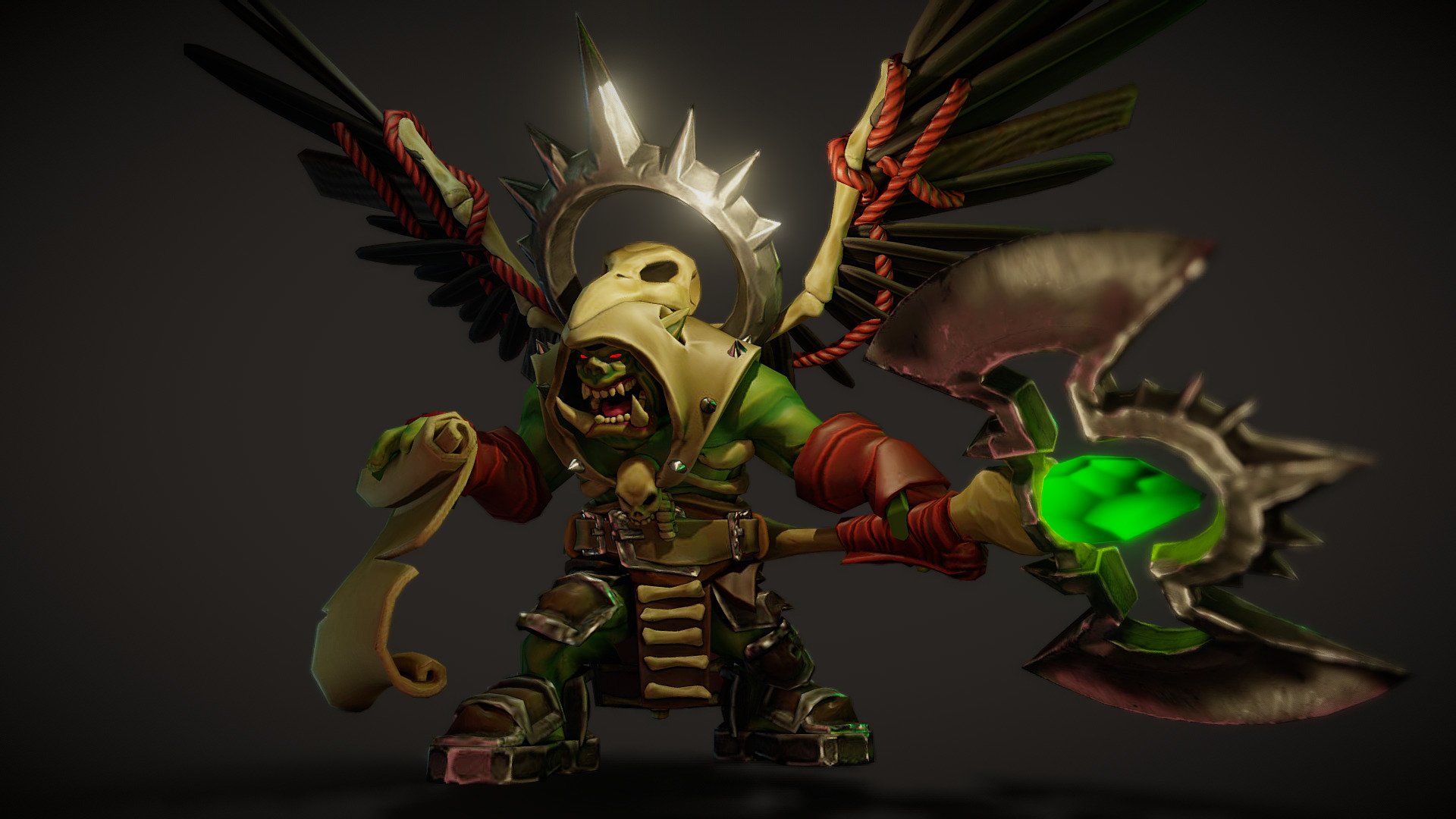 This guy looted a church in the last war, took all the gold, iron and skulls he could find. There he fell in love when he discovered the biblical paintings of the Archangels. At that point, he decided to create his warrior costume based on that.

The orcs are not very talented, but he is very much enjoying the effect his costume causes among the enemies. They immediately shudder, begging for his life, when he appears, stalking them, surrounded by death and destruction.

Hok-Gok is the founder of the Orcangels of Sin, one of the most feared squads in hes army. If he is on the battlefield I bet you have no chance of winning.
