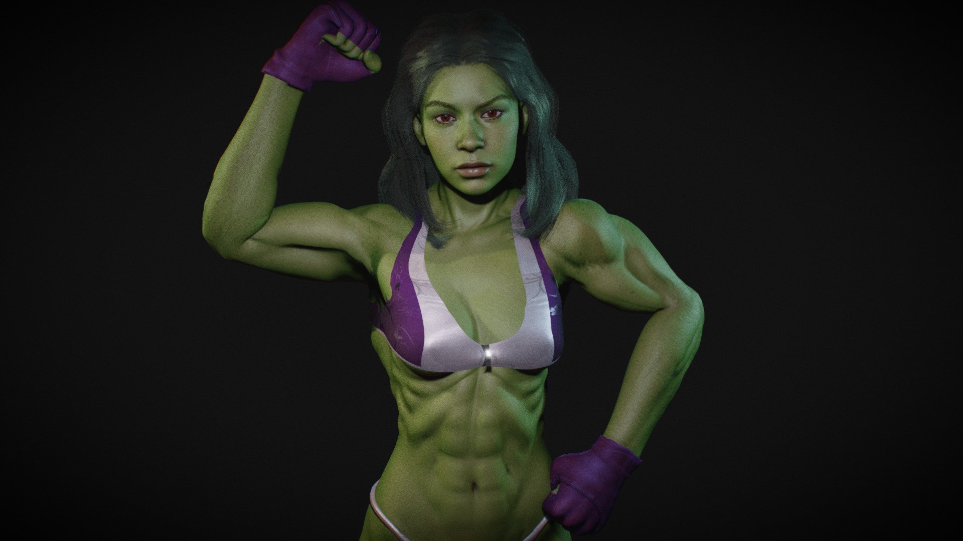 Female She Hulk cosplay Girl , includes 1 more shapekey for body muscles extremely toned/buffed. Model in Blender file. Fully rigged. SSS subsurface scattering. mixamo bone names for animation. No FBX or OBJ format, only Blend file.