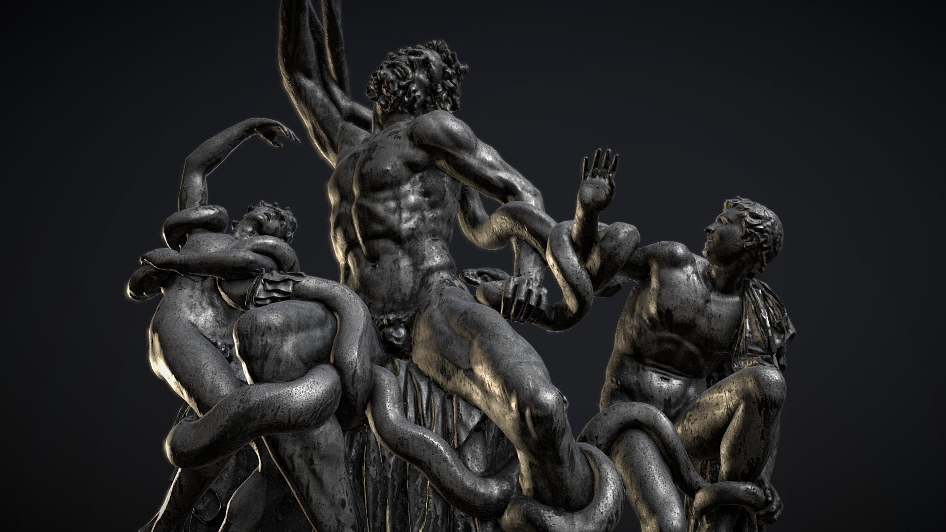 In Virgil, Laocoön was a priest of Poseidon who was killed with both his sons after attempting to expose the ruse of the Trojan Horse by striking it with a spear. In Sophocles, on the other hand, he was a priest of Apollo, who should have been celibate but had married.

This particular sculpture was made by the unknown artist and is a copy of the original work. 

3D scanned using photogrammetry in Hans Tausens Park in Copenhagen. Capturing of the scupture was done by 4 people/4 cameras by jointly dancing around the sculpture.

Reconstructed in Reality Capture from about 1000 images. 

