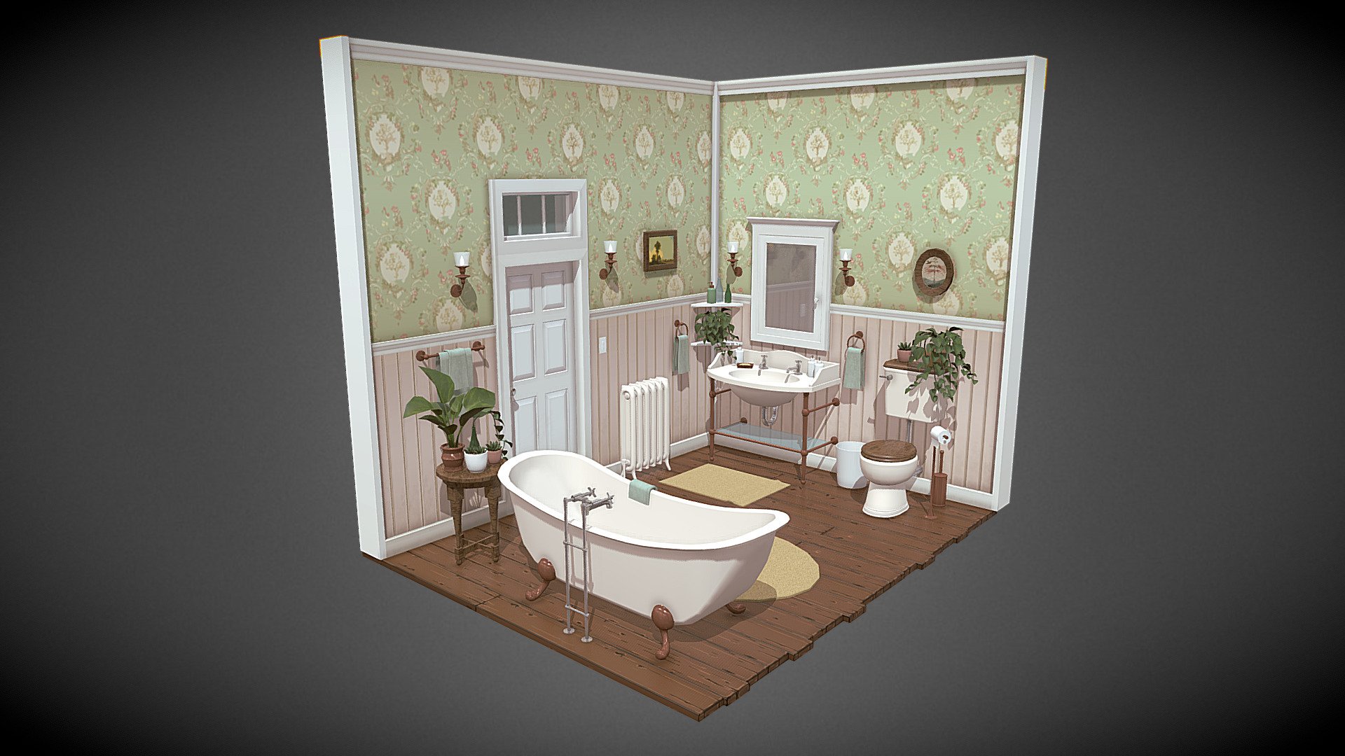 A Victorian style bathroom that I created as an experiment in low poly  modeling and stylized textures, based on my own concept. Part of a larger Victorian house that I hope to post when I get the time! Created in Maya and textured in PS. Had a lot of fun making this. :D