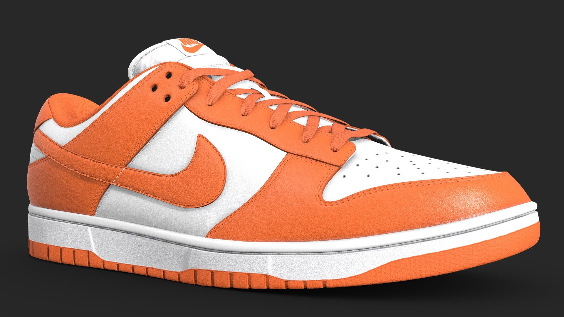 Nike Dunk Low in the Syracuse Colourway. Every detail was made in the recreation of this shoe, from the text on the medial side of the shoe to the subtlety of each material, nothing went overlooked. Stitches were sculpted by hand to achieve the highest quality

What's included




Blender file with linked textures

FBX and OBJ versions

OneMesh version

All 4k textures

Model Features

The upmost care went into crafting this model. As a result it is subdivision ready. The model was unwrapped with efficiency in mind. Both left and right shoes are mostly identical, save for logos and text that cannot be mirrored. As such the high detail version of the shoe uses 4 UV maps to cover both of the shoes, with the One mesh version using just the one UV map.