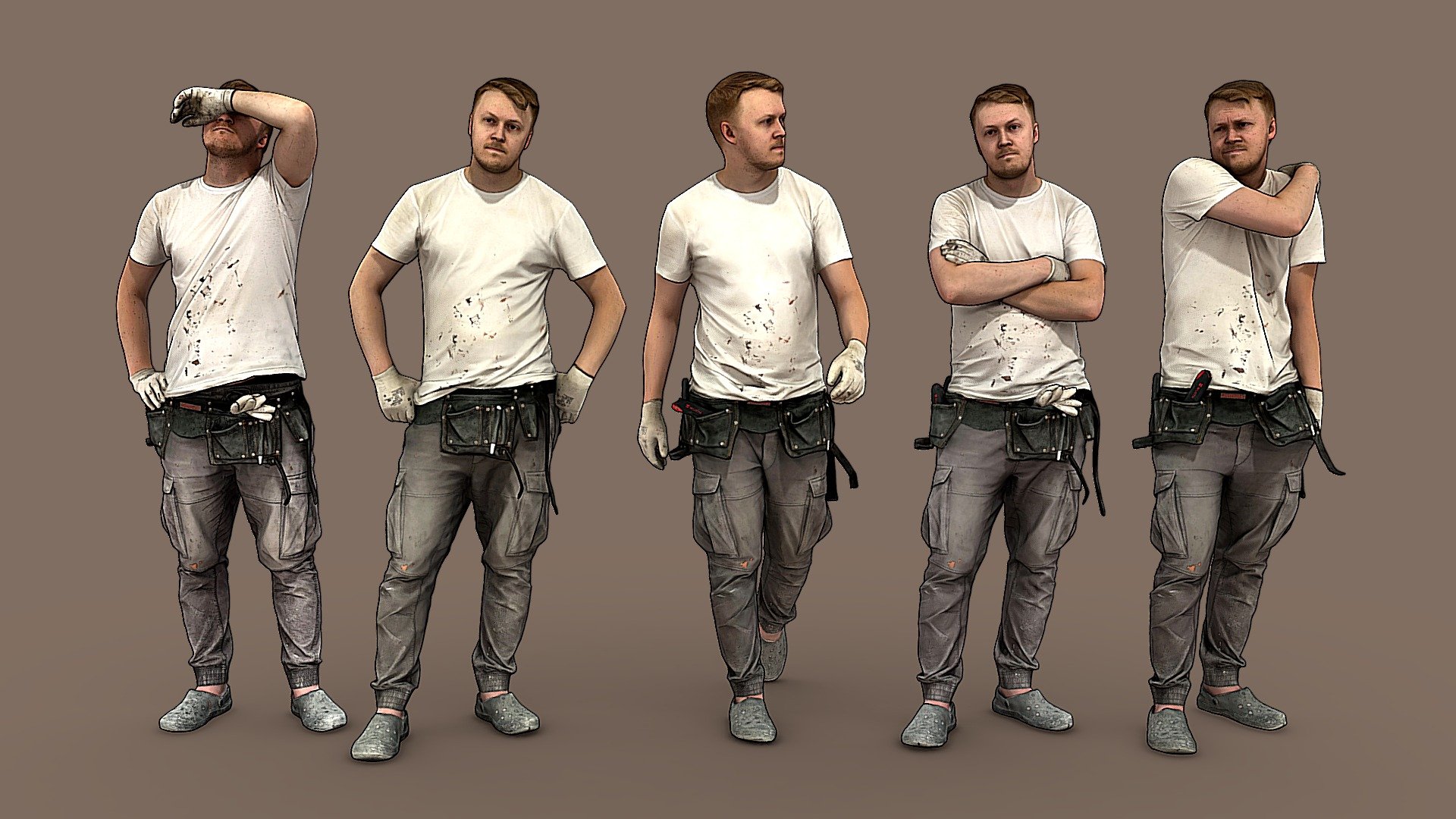 ✉️ Pack of 5 character models, a young man, a guy in work clothes, a uniform.

🦾 This model will be an excellent participant in the general and long-range plans. You don’t need to zoom in and try to see the details, it reveals and demonstrates its texture as much as possible in case of a certain distance from the foreground.

⚙️ Stylized Character 3d model ready for Virtual Reality (VR), Augmented Reality (AR), games and other real-time apps. 50 000 polygons per model (if you use the border outline the polycount is doubled). Suitable for the architectural visualization and another graphical projects. Pack contains 5 character models.
