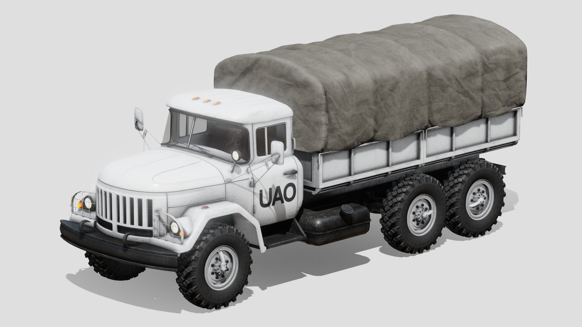 For purchase email me at: spatialneglect.wish434@passinbox.com
General purpose 3.5 tonne 6x6 army truck designed in the Soviet Union. Here in a white painted supply truck version.

Style of the vehicle is resembling that used by the renown international organization, but the initials have been changed for copyright reasons.

UAO is an abbreviation for United Aid Organization, but you  can edit textures to show the emblem or initial of your choice.


Textures

PBR metallic roughness textures in png format. 4096px for the cabin, cargo bed, cargo bed tarp, frame and interior. 2048px for the crates. 2048x1024 for the wheel. 1024px for the glass. Textures for glass with alpha transparency.


Materials

Separate materials for: cabin, interior, glass, frame, cargo bed, cargo bed fabric cover and crates. 


Model

Wheels, cargo bed tarp and cargo crates as separate objects