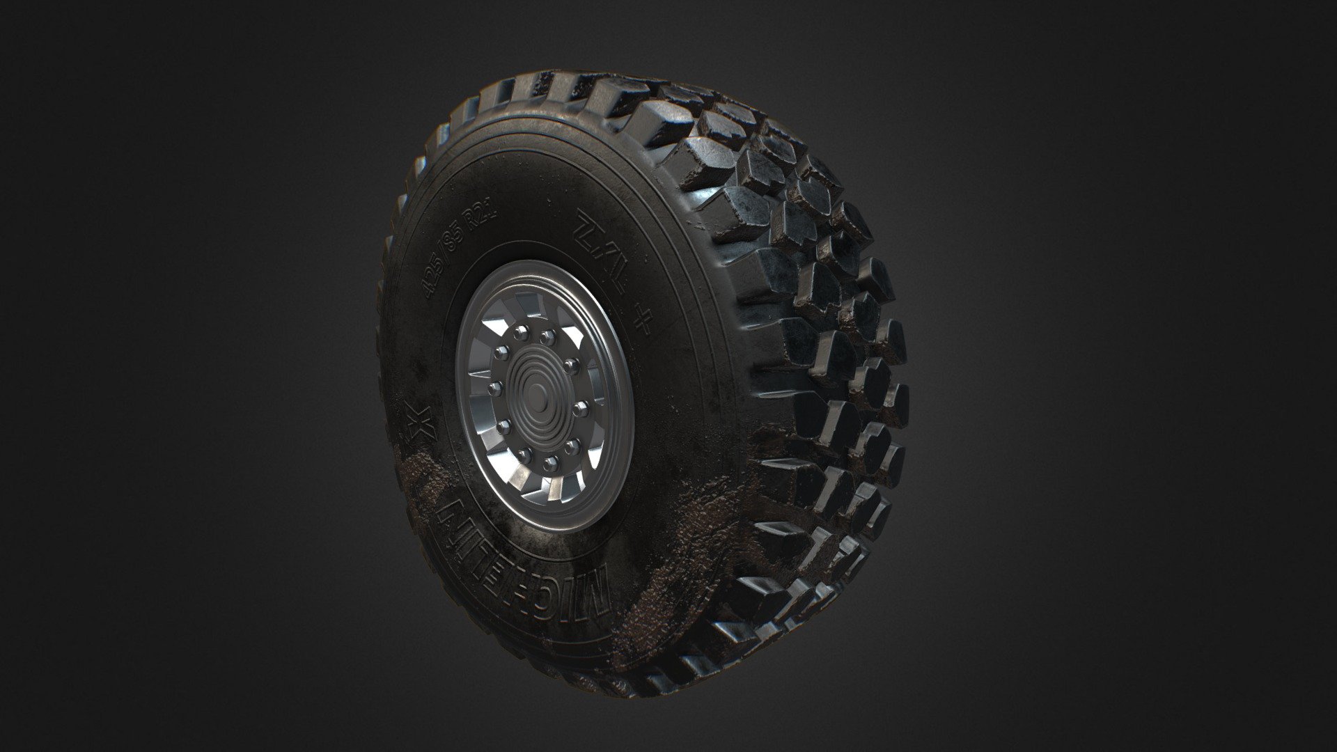 MICHELIN X OFFROAD TYRE 3d model

Dakar trucks (like Kamaz team etc.) and special military trucks (like Falcatus) use this tire.

MICHELIN X OFFROAD TIRE 3d model is a high quality and photo-real model. It has a fully textured, detailed design that allows for close-up renders so it will enhance detail and realism to your projects.

WHAT DO YOU GET: - Two types of a wheel model: loaded rubber (pressured) and unloaded rubber (not pressured) - 4 different PBR shaders (metallic/roughness) of a dirty rubber for every wheel (4x color maps, 4x metallic maps, 4x roughness maps, 4x normal maps, 4x height maps) which you can use in every contemporary renderers and game engines.

SPECIFICATIONS

Tire: 26,112 polygons Disc: 11,500 polygons Screws: 2,010 polygons Cap: 1,679 polygons

All textures have a 4k resolution (4096x4096 pixels)

All parts of the model have a UV mapping and Non-overlapping unwrapped UVs

Hope you like it and happy rendering!