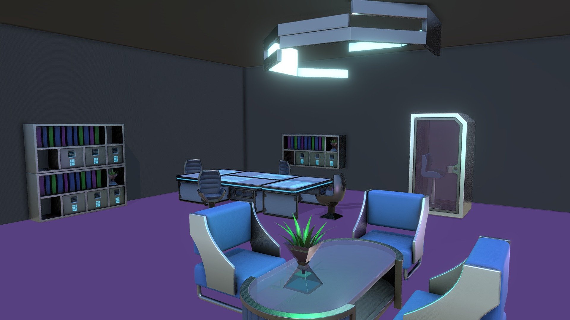 A demo scene of Futuristic Workspace assets [** INDIVIDUAL TEXTURE SETS of 1024 x 1024 ** ]

Complete pack with all assets on a single texture set ( Atlas ) here: https://skfb.ly/oDGyz

**This pack includes: **




Armchair

Silent Cabin

Coffee Table

Holo-Desk

Modern Lamp

Plantpot

Shelf

Workchair

The Demo Scene

8 assets with individual texture sets of 1024 x 1024