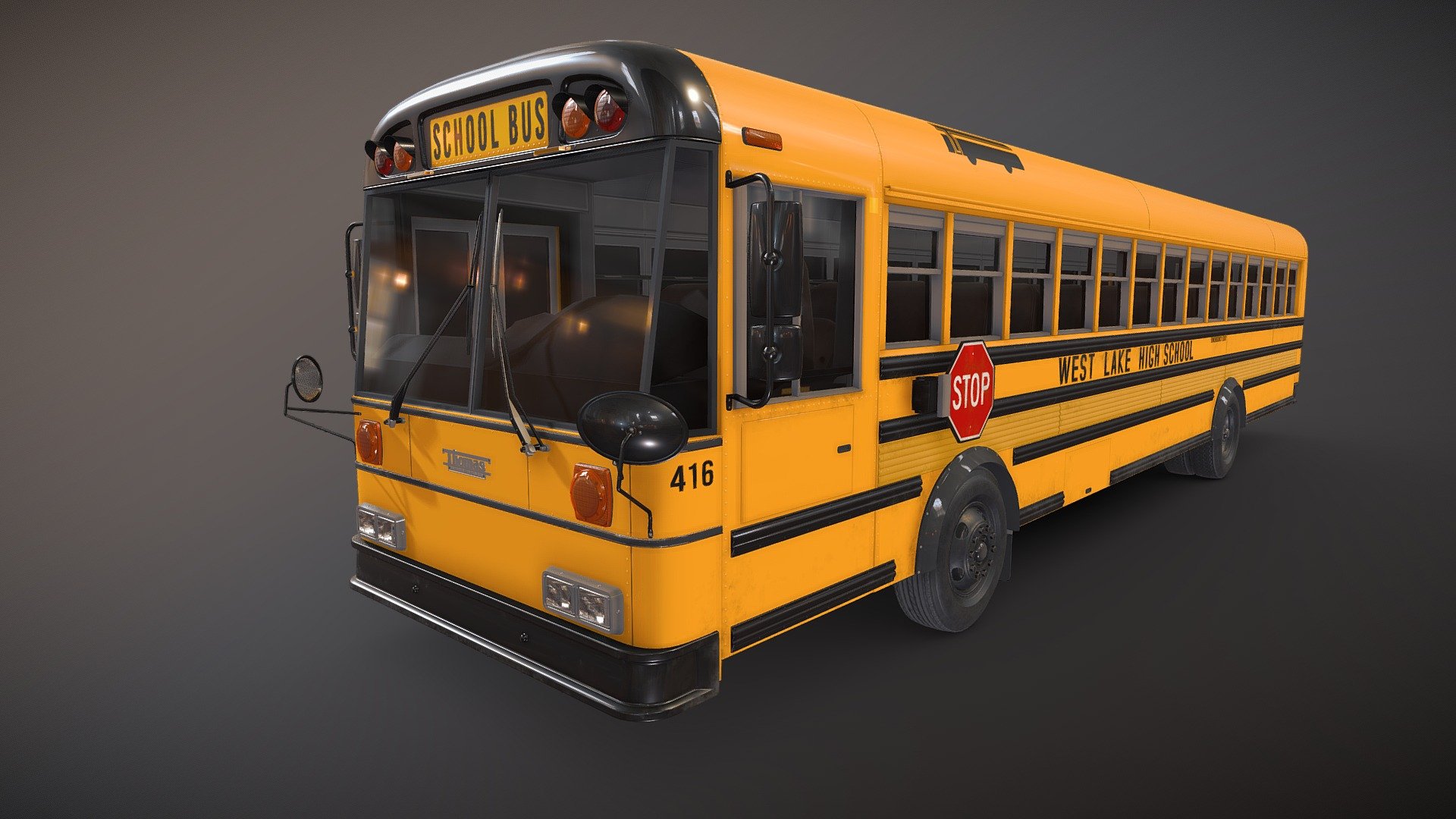 School bus Thomas Build 1994 game ready model.

Full textured model with clean topology.

High accuracy exterior model

Different tires for rear and front wheels.

High detailed body - seams, rivets, chrome parts, wipers and etc.

Side and back doors are openable.

Lowpoly interior - 6711 tris 4737 verts

Wheels - 13478 tris 7834 verts

Full model - 63471 tris 37604 verts

High detailed rims and tires, with PBR maps(Base_Color/Metallic/Normal/Roughness.png2048x2048 )

Original scale. Lenght 11.6m , width 2.35m , height 2.8m.

Model ready for real-time apps, games, virtual reality and augmented reality.