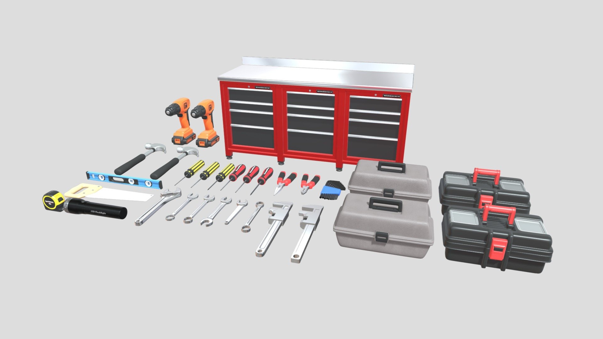 Tools and Workbench Collection that was made using Blender. This is a collection of several different tool and storage 3D models. It includes models ranging from low poly to high poly.

Features:




Includes GLTF file type instructions

Models were made using the metalness workflow and use PBR textures in PNG format

Models have been manually UV unwrapped

Blend files include pre-applied textures as well as camera and lighting setups

Extra lighting has been provided by included HDR maps downloaded from HDRi Haven

Includes native blend files for each model

All models have been exported in 4 file formats (FBX, OBJ, GLTF/GLB, DAE/Collada)

Included Textures:




AO, Diffuse(Alpha), Roughness, Gloss, Metallic, Normal

UVLayout

The source file that is uploaded is for demonstration use and is uploaded in FBX format. In the additional file you will find all model exports and the textures that go along with them.