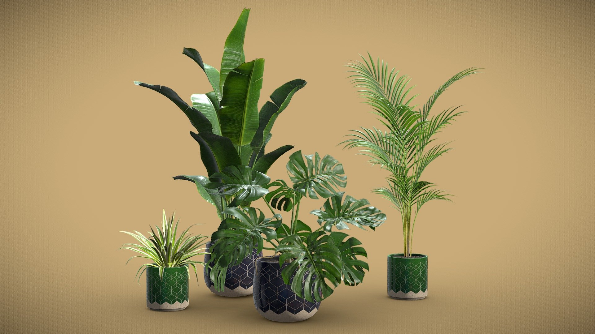 Indoor Plants Pack 32

This selection of indoor exotic plants will provide a nice touch to your interior renders.




Areca Palm

Chlorophytum

Monstera Deliciosa

Strelitzia Reginae

4k Textures




Vertices  51 025

Polygons  44 822

Triangles 88 804
