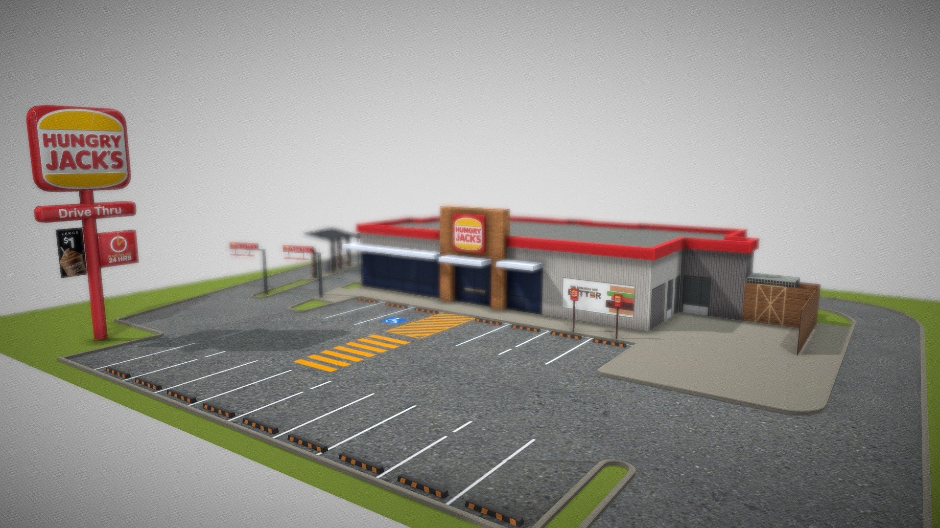 “The burgers are better at Hungry Jack's”

This building is a replica of the Hungry Jack's fast food outlet planned on Bargara Road, Bundaberg intended for Cities Sklyines.


https://steamcommunity.com/sharedfiles/filedetails/?id=1940153599

Hungry Jack's is an Australian fast food franchise of Burger King founded by Jack Cowin in 1971.
The retail owns and operates all of the Burger King/Hungry Jack's restaurants in Australia.
When Burger King expanded into Australia an Adelaide restaurant was already called Burger King.
Unable to use the US name Jack Cowin decided to name his fast food chain Hungry Jack's instead.

The brand now has more than 420 restaurants serving every major population centre in the country.