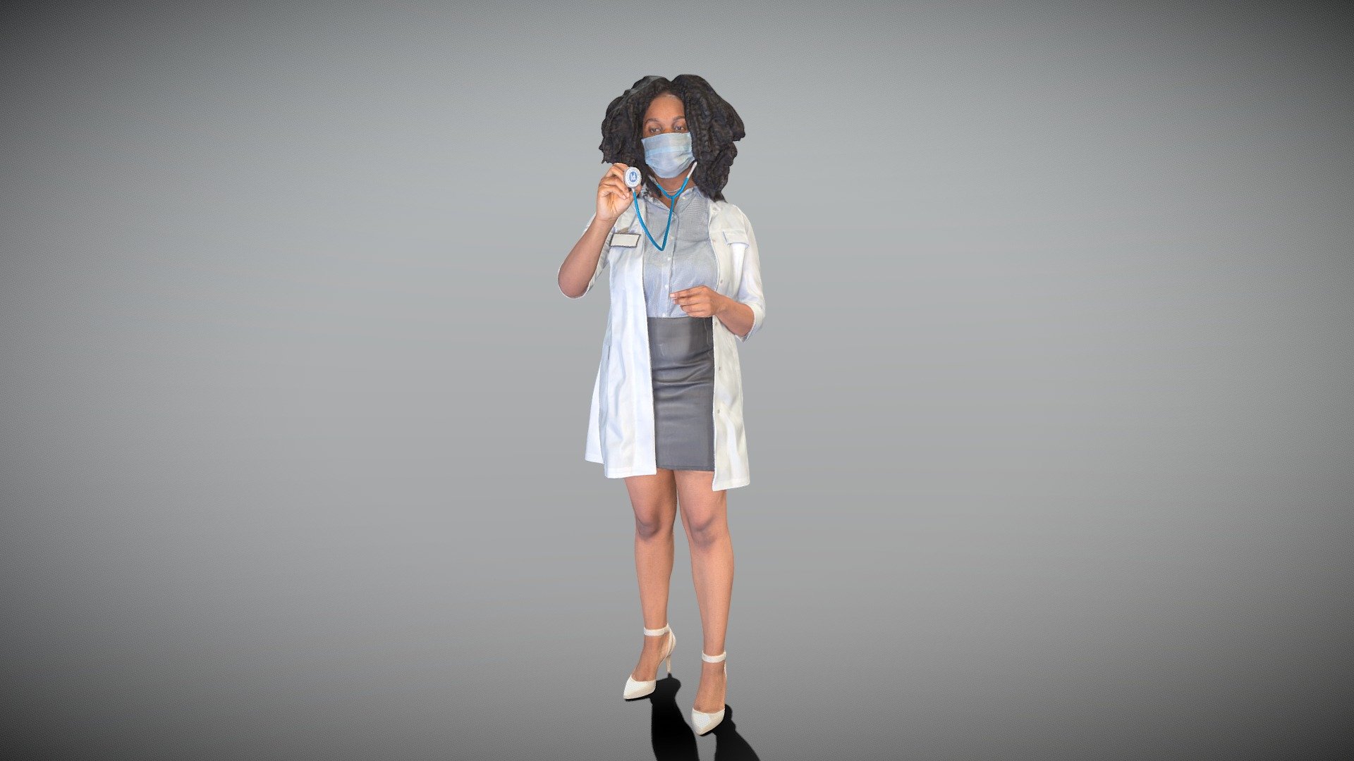 This is a true human size and detailed model of a beautiful young woman of African appearance dressed in a medical uniform. The model is captured in typical professional pose to perfectly match a variety of architectural and product visualizations, be used as a background or mid-sized character in advert banners, professional products/devices presentations, educational tutorials, VR/AR content, etc.

Technical specifications:




digital double 3d scan model

150k &amp; 30k triangles | double triangulated

high-poly model (.ztl tool with 5 subdivisions) clean and retopologized automatically via ZRemesher

sufficiently clean

PBR textures 8K resolution: Diffuse, Normal, Specular maps

non-overlapping UV map

no extra plugins are required for this model

Download package includes a Cinema 4D project file with Redshift shader, OBJ, FBX, STL files, which are applicable for 3ds Max, Maya, Unreal Engine, Unity, Blender, etc.

3D EVERYTHING

Stand with Ukraine!
