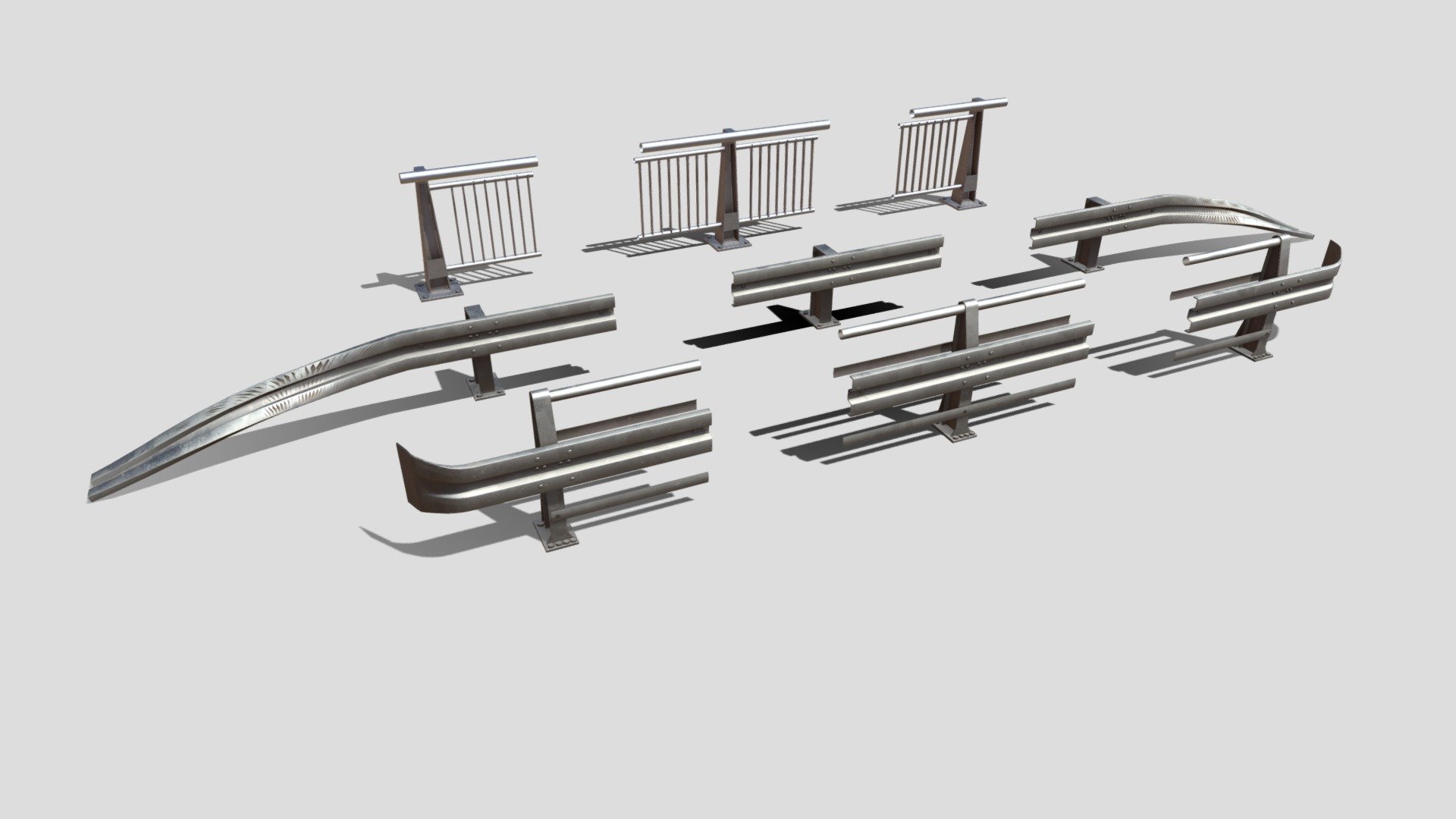 Hi all,

This is PBR Street Barriers pack created in Blender. It includes 9 different models in real world scale. All of the middle pieces can be duplicated to increase the length of the barrier.

The product has 6848 polygons.

It comes in the following formats:
.blend
.fbx
.obj
.dae

The blender file has the shaders set up, so it's ready to render using Cycles. The title image is not included.
It also comes with set of 4K .png maps:
base color
roughness
normal
metallic