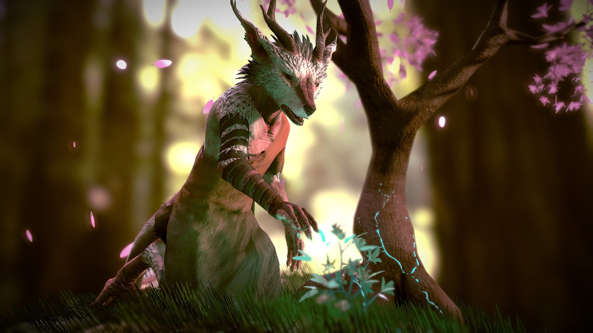 Learned how to make feathers, sculpt high detail, cloth simulation, and particle systems (leaves and grass).

Character with clothing is 19,997 triangles.

Was heavily inspired by the style of Studio Ghibli.

Completed in Blender and GIMP.