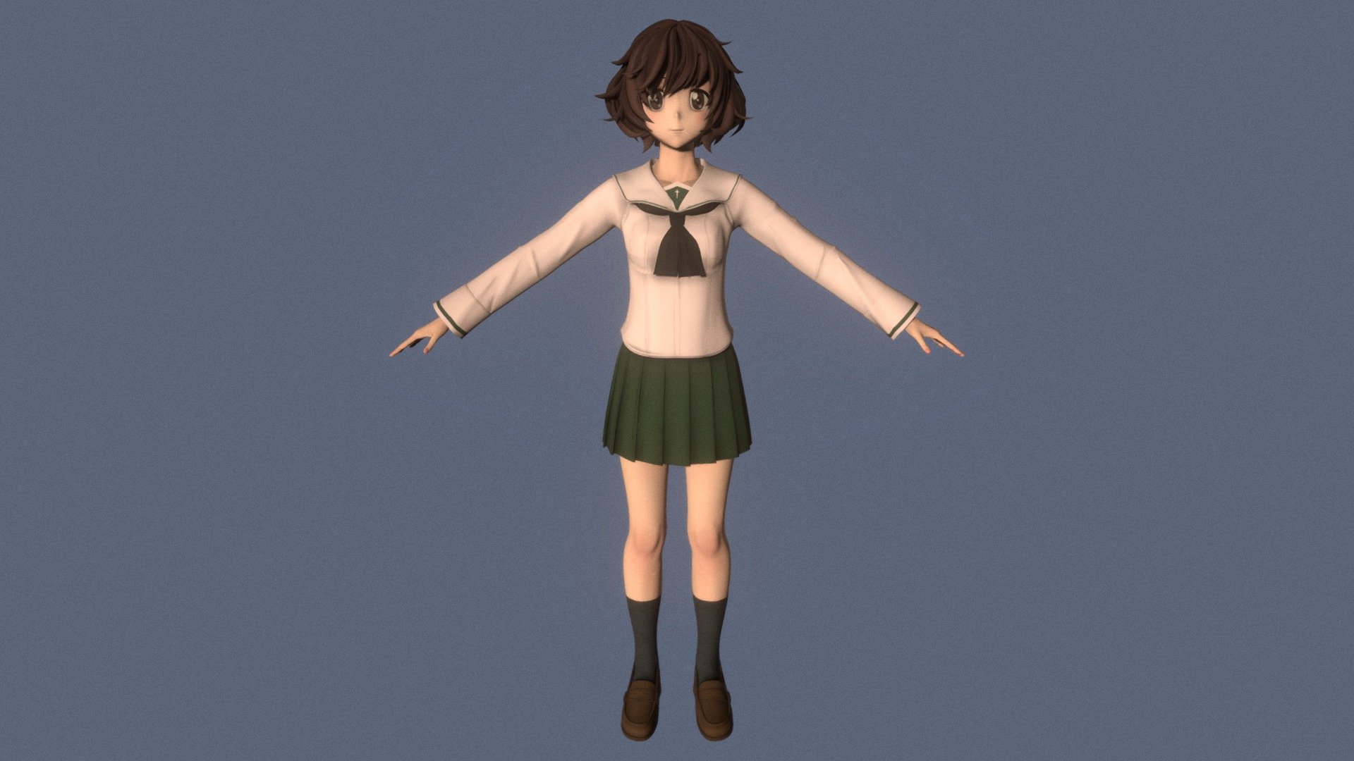 T-pose rigged model of anime girl Yukari Akiyama (Girls und Panzer).

Body and clothings are rigged and skinned by 3ds Max CAT system.

Eye direction and facial animation controlled by Morpher modifier / Shape Keys / Blendshape.

This product include .FBX (ver. 7200) and .MAX (ver. 2010) files.

3ds Max version is turbosmoothed to give a high quality render (as you can see here).

Original main body mesh have ~7.000 polys.

This 3D model may need some tweaking to adapt the rig system to games engine and other platforms.

I support convert model to various file formats (the rig data will be lost in this process): 3DS; AI; ASE; DAE; DWF; DWG; DXF; FLT; HTR; IGS; M3G; MQO; OBJ; SAT; STL; W3D; WRL; X.

You could purchase my model at: bit.ly/41y1JDe

And I can make commission models.

If you have any questions, please contact me via my email 3d.eden.project@gmail.com.