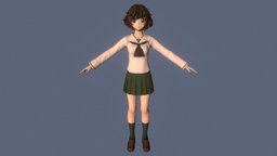 T pose rigged model of Yukari Akiyama cap, boot, teenage, skirt, teen, uniform, woman, camouflage, swimsuit, girls-und-panzer, schoolgirl, blazer, anime-girl, yukari, yukari-akiyama, girl, anime, rigged, japanese