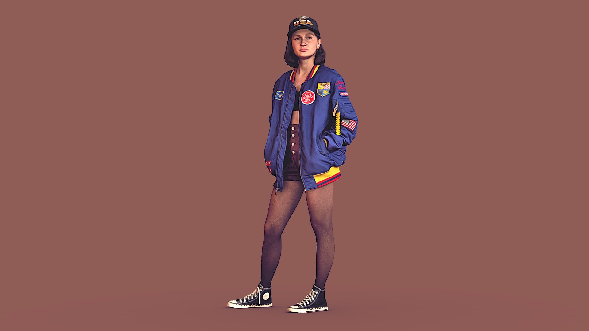 Follow us on instagram ✌🏼

✉️ A young woman, girl, city dweller, student, tourist, in a men's colored bomber jacket and cap, shorts, tights and sneakers, stands in a relaxed position, hands in pockets.

🦾 This model will be an excellent mid-range participant. It does not need to be very close and try to see the details, it reveals and demonstrates its texture as much as possible in case of a certain distance from the foreground.

⚙️ Photorealistic Casual Character 3d model ready for Virtual Reality (VR), Augmented Reality (AR), games and other real-time apps. 
Suitable for the architectural visualization and another graphical projects.
50 000 polygons per model.