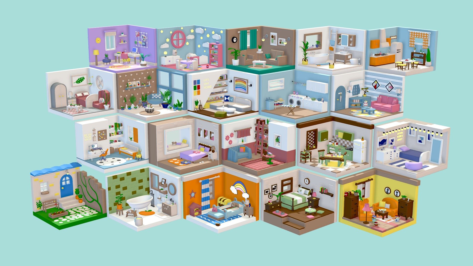 20 rooms (watch Youtube video here) , 635 assets (watch here)

One texture (2048/1024/512/256/128px) and three materials (color, glass, emission) are used for the whole set

618 k triangles full set (interiors)

Room types: study room / reading room / bathrooms / bedrooms / children's rooms / kitchens / laundry room / living rooms / office / frontyard / greenhouse

Interior props: windows, floors, cabinets, walls, couches, tables, chairs, plants, paintings, interior appliances, household appliances, food, kitchen appliances, refrigerator, interior appliances, household appliances and much more! The pack allows you to build any interior to your liking!

Files: Unity \ Unreal Engine 5.2 package (is compatible with version UE 5.3 / 5.4) \ Blender \ fbx \ obj \ glTF

This pack is a collection of 635 low poly assets you can use to easily create your top any quality cartoon room, any apartment/house. 20 rooms included!