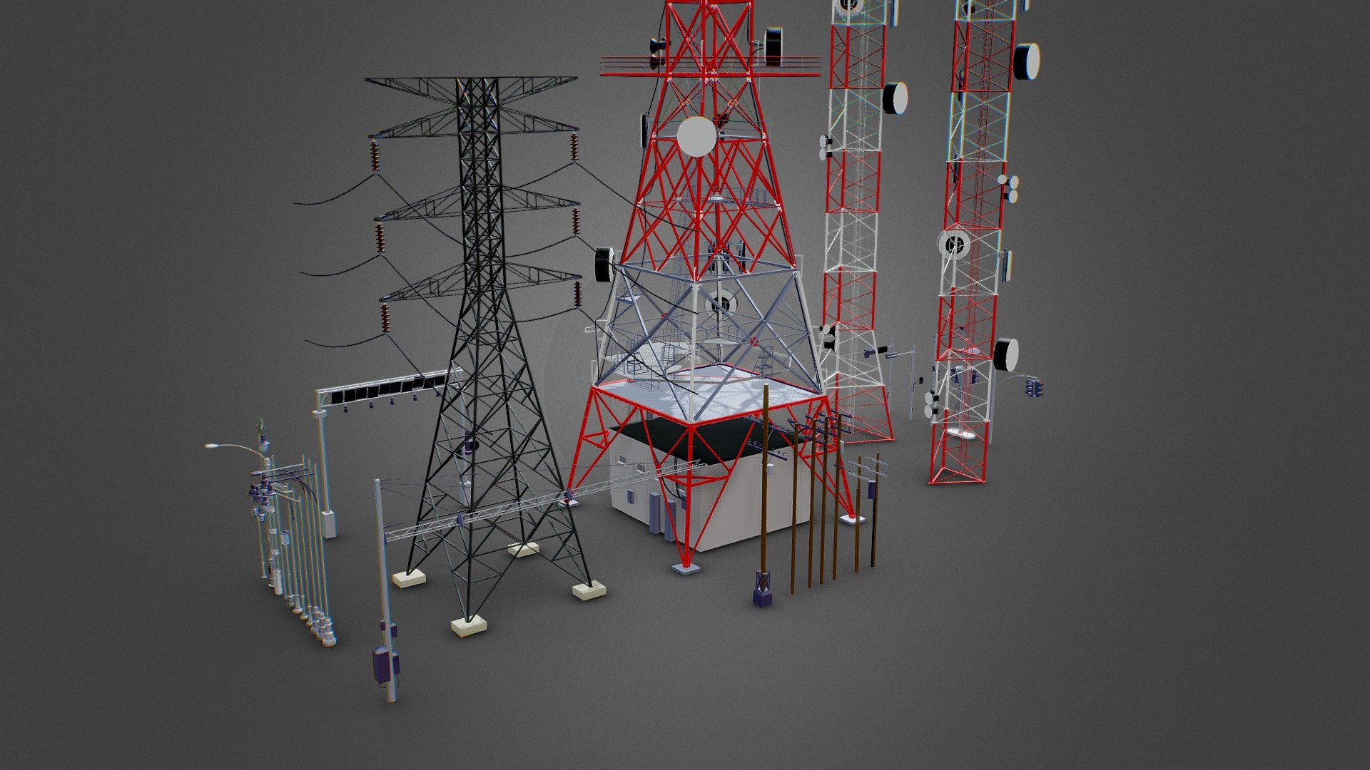 Scene with models:




transmission tower 

radio towers

traffic lights

street lights 

electric poles 

street structure

models made in blender 3.4

all colored with material data. no textures. 
base mesh models. low poly models.