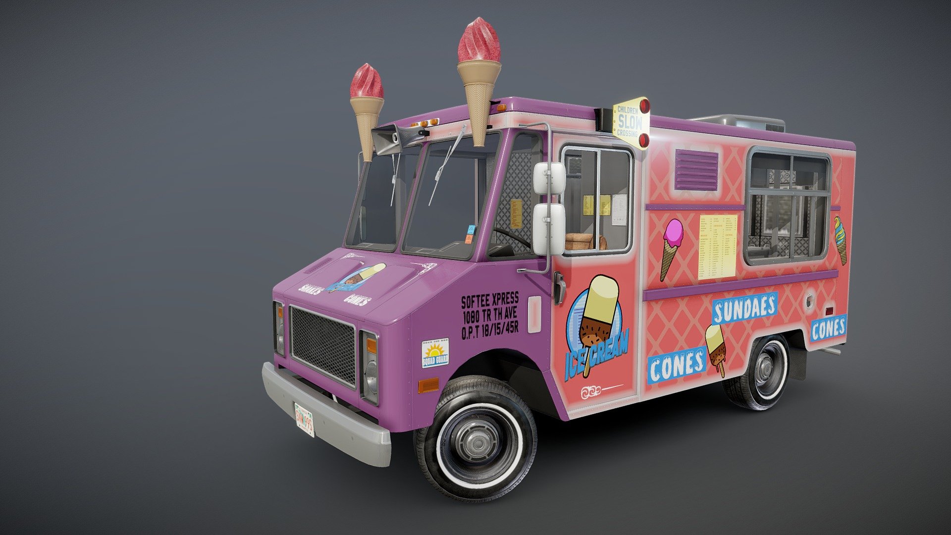 Icecream truck game ready model.

Full textured model with clean topology.

High accuracy exterior model.

High detailed cabin - seams, rivets, chrome parts, wipers, mud flaps and etc.

Side doors are openable.

Lowpoly interior - 2818 tris 1824 verts

Wheels - 9012 tris 4968 verts

Full model - 49895 tris 29491 verts.

High detailed rims and tires, with PBR maps(Base_Color/Metallic/Normal/Roughness.png2048x2048 )

Original scale.

Original scale. Lenght 4.86m , width 1.86m , height 2.65m.

Model ready for real-time apps, games, virtual reality and augmented reality.

Asset looks accuracy and realistic and will be a good part of your project.