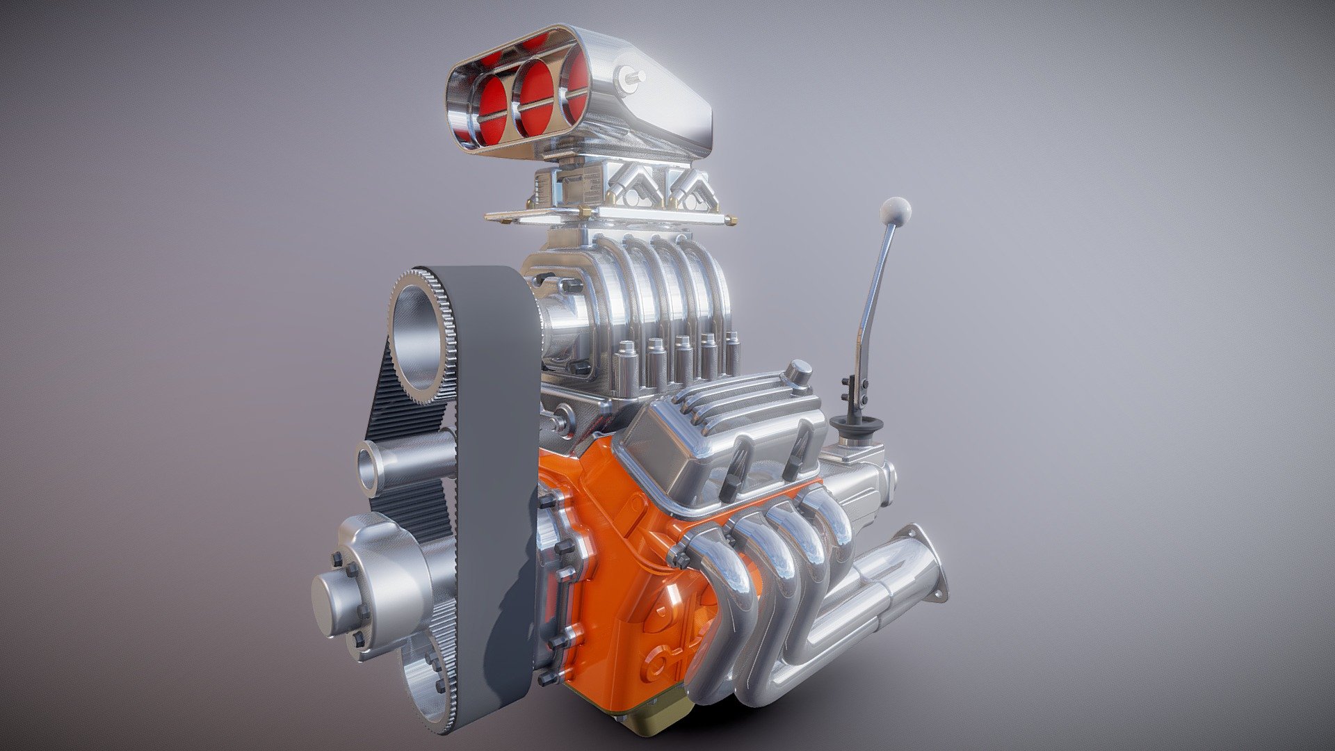 Cartoon V8 HotRod engine. 
parts list - 
Small block.
Heads.
Chrome finned head covers.
Blower.
2x4 carbs.
Transmission.
Hurst shifter.
Fuel pump.
HotRod exhaust headers.
Classic look air scoop.
Oil pan.
Custom manifold.
Tim cover.
Ignition coil.
Fuel rails.