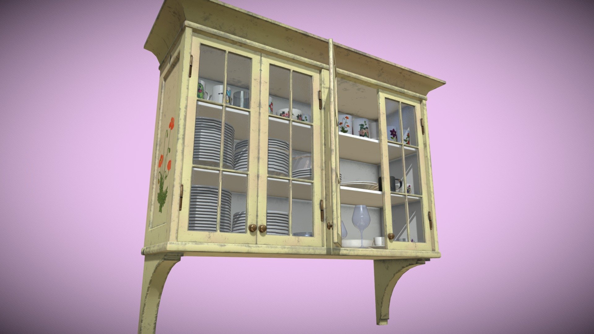 Furniture, kitchen cabinet plus full size crockery, separated in different formats, BLEND, FBX, OBJ, DAE. 
The size of the kitchen cabinet furniture textures are 2048 and in PBR. 
All crockery textures in PBR size 512. 
These models were made with real crockery measurements, measuring with a tape measure.
The cupboard doors can be opened and closed and the dishes can be arranged and placed as many as you want.