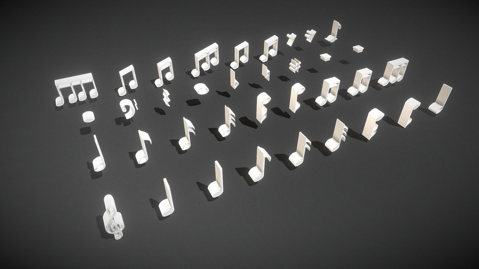 Animation Video: https://www.youtube.com/watch?v=KenOwyDkhDs  

This is a collection of 3D models of musical notes. You can use them in your game or video. I hope you like them.

1 material with no texture.

Triangles: 16684 Vertices: 8510

(Viewer Setting above are just a preview and may vary drastically depending on your lighting and shading setup on the final application)

If you have any questions, please feel free to contact me.

E-mail: zhangshangbin1314159@gmail.com
